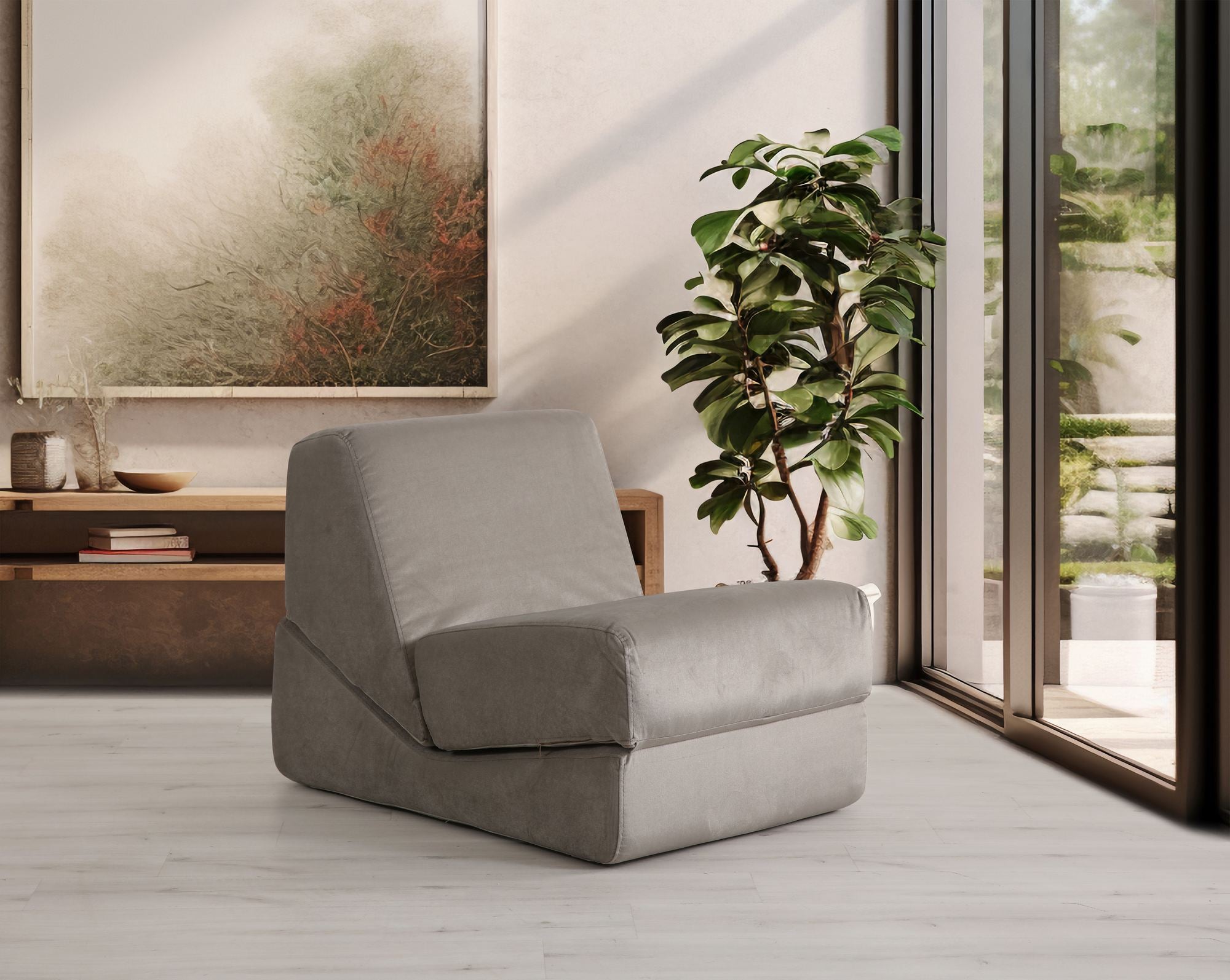 Poltrona-cama de 1 lugar – 70 cm x 100 cm x 70 cm – Bege – Tecido 100% poliéster
