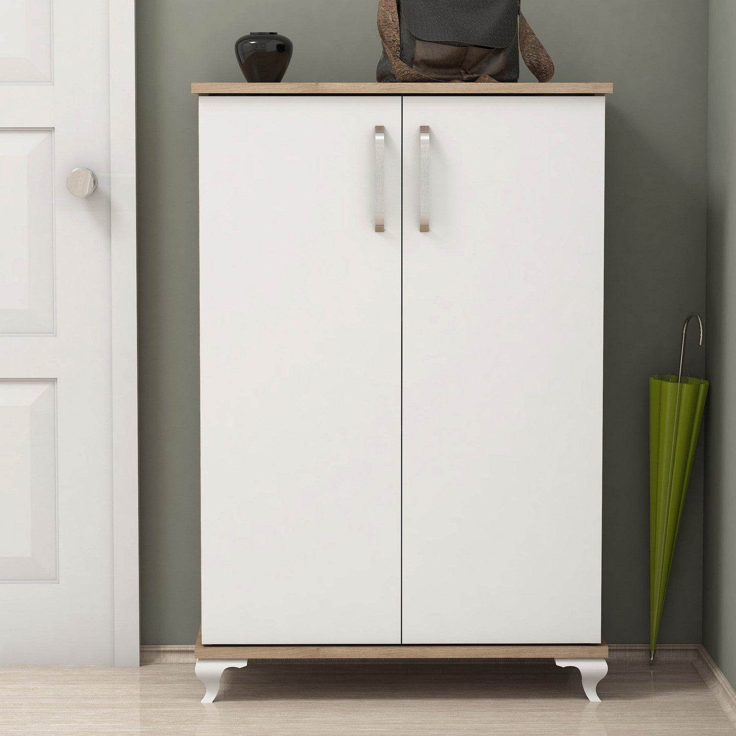 Sapateira estilosa, nogueira e branca, 72 x 100 x 32,5 cm | Painel de partículas 100% revestido em melamina, 18 mm de espessura | Prateleiras amplas para montagem na parede, ideais para espaços modernos