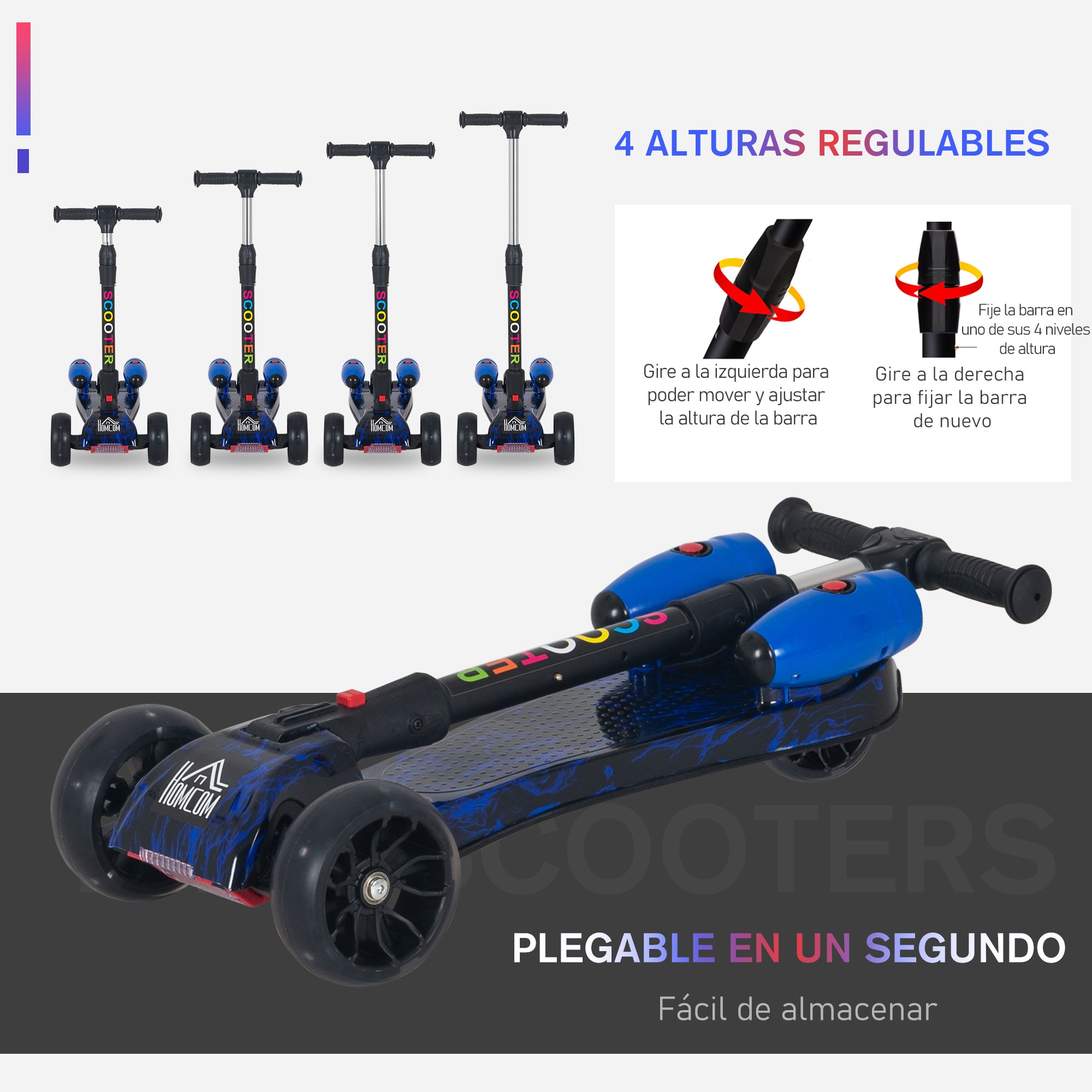 Trotinete para Crianças – 61x26x63-81 cm – Azul – PP e Metal