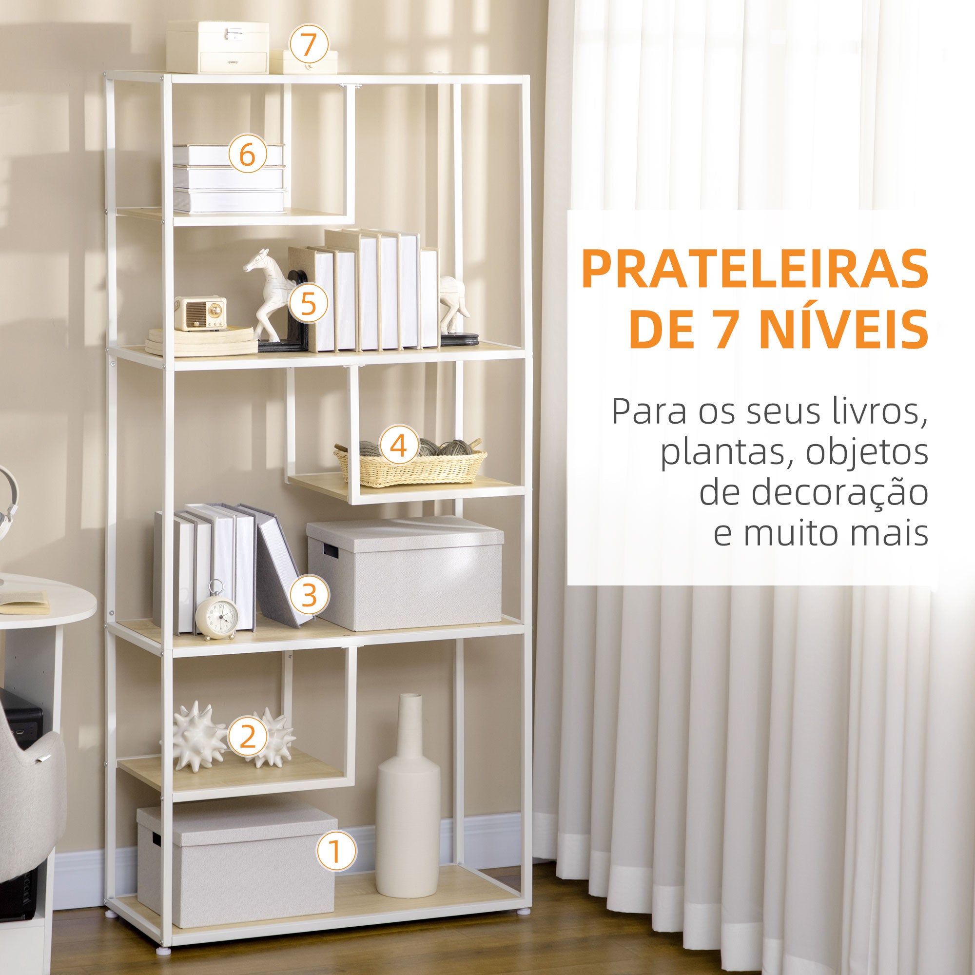 Estante de Armazenamento – 83x34x180cm – Carvalho e Branco – Aglomerado e Aço