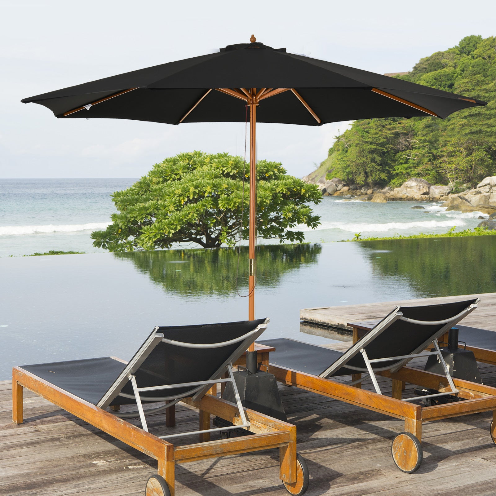 Chapéu de Sol de Jardim – Ø300x250cm – Preto – Madeira e Poliéster