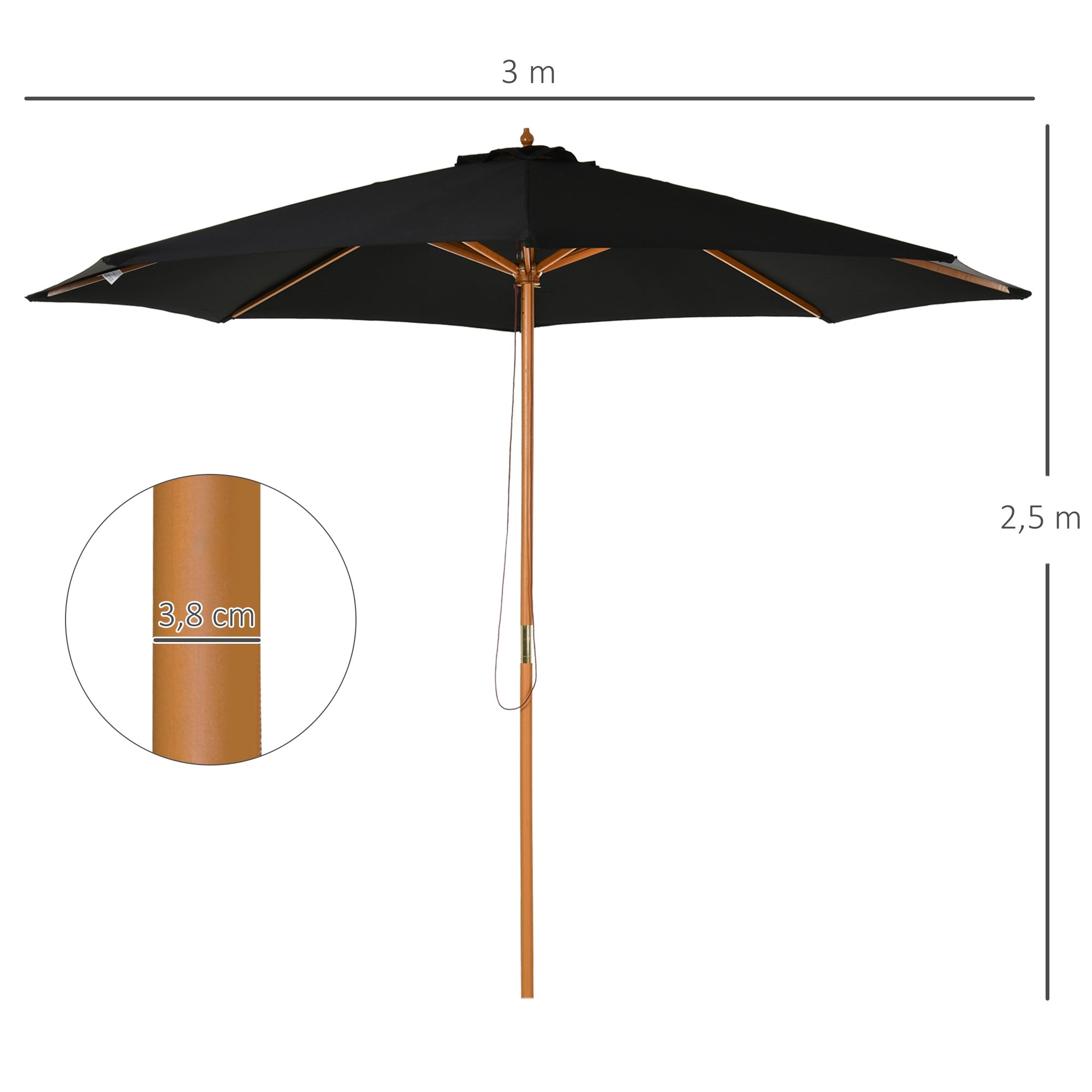 Chapéu de Sol de Jardim – Ø300x250cm – Preto – Madeira e Poliéster