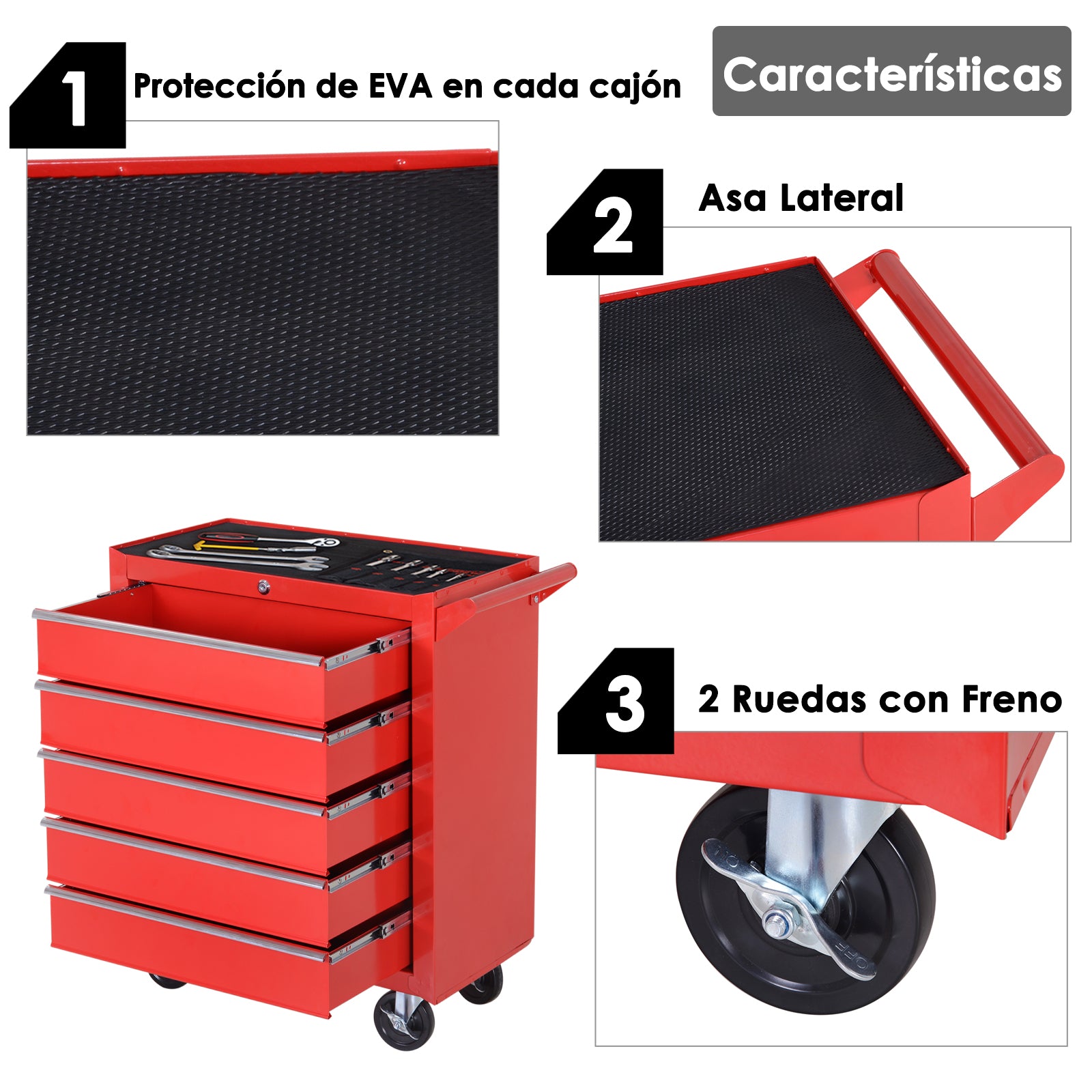Carrinho de Ferramentas com 5 Gavetas Vermelho 69x33x75 cm