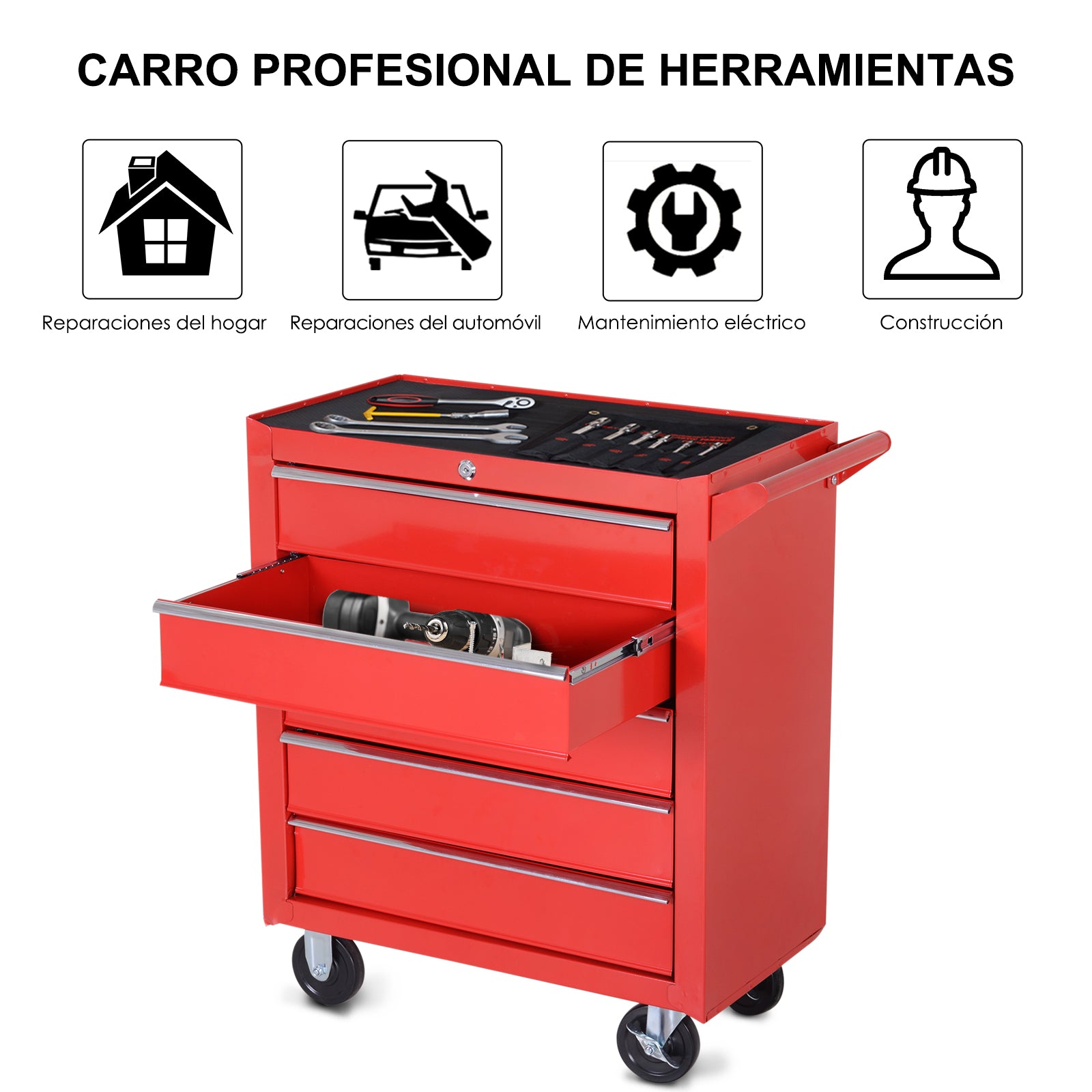 Carrinho de Ferramentas com 5 Gavetas Vermelho 69x33x75 cm