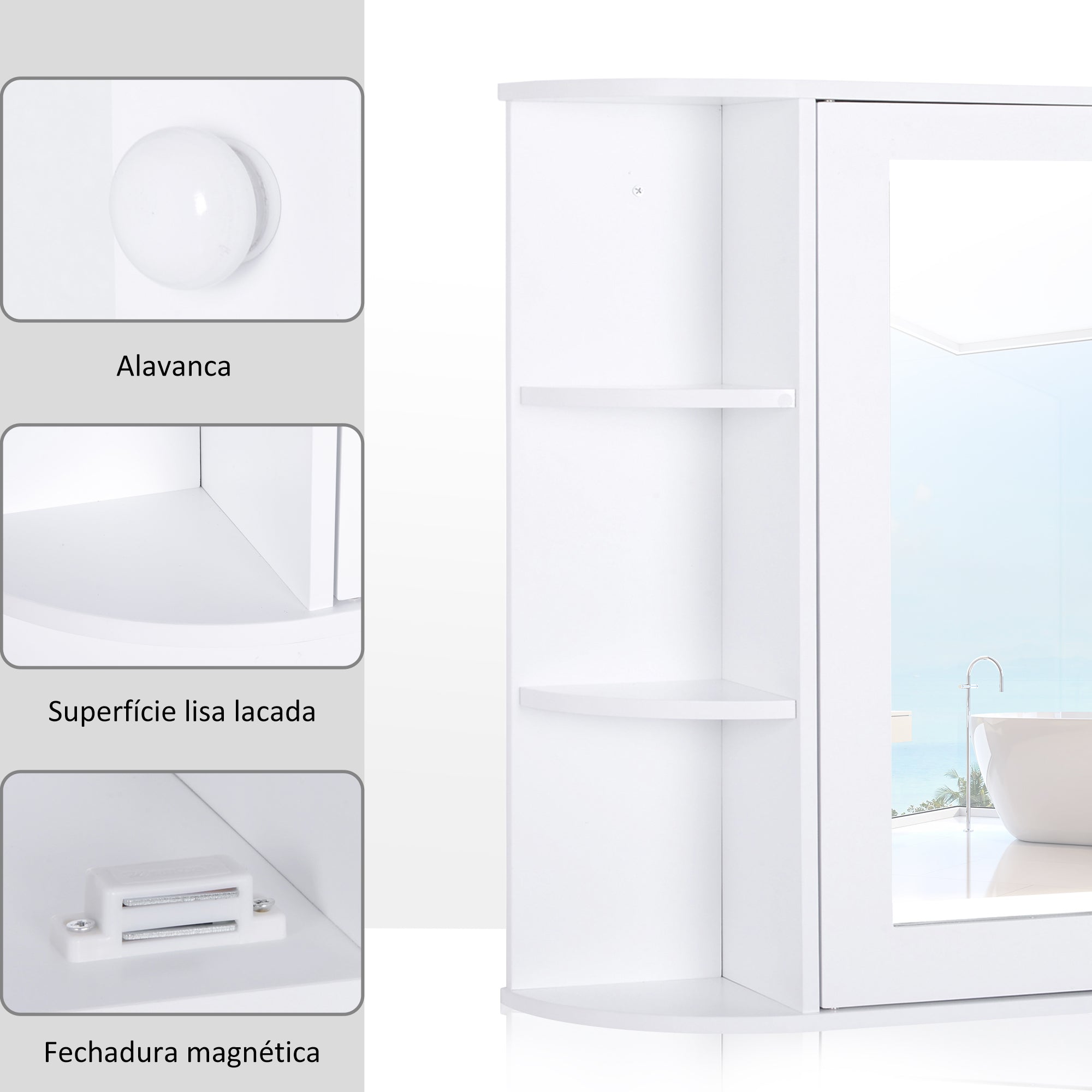 Armário de Casa de Banho com Espelho – 66x17x63 cm – Branco – MDF
