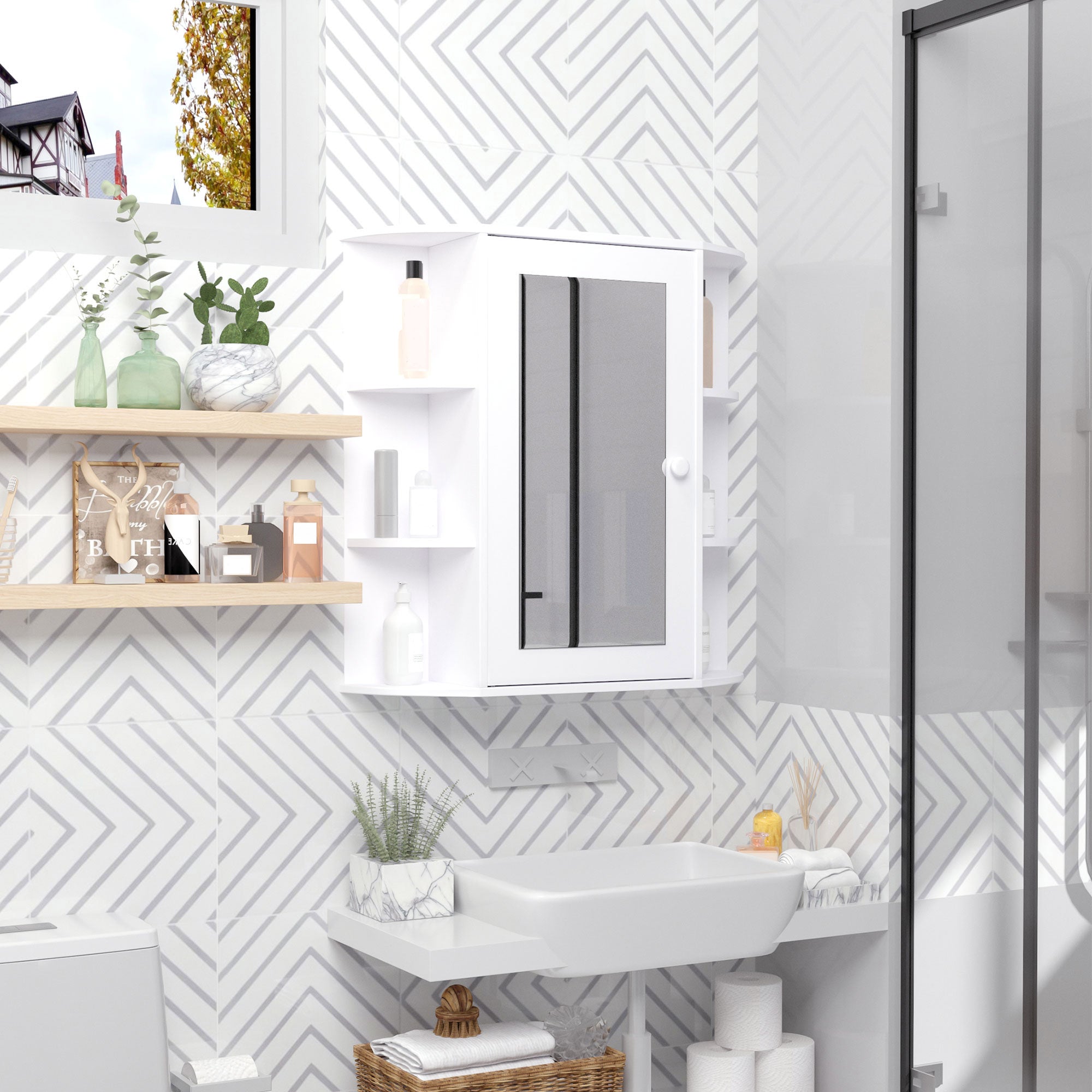 Armário de Casa de Banho com Espelho – 66x17x63 cm – Branco – MDF