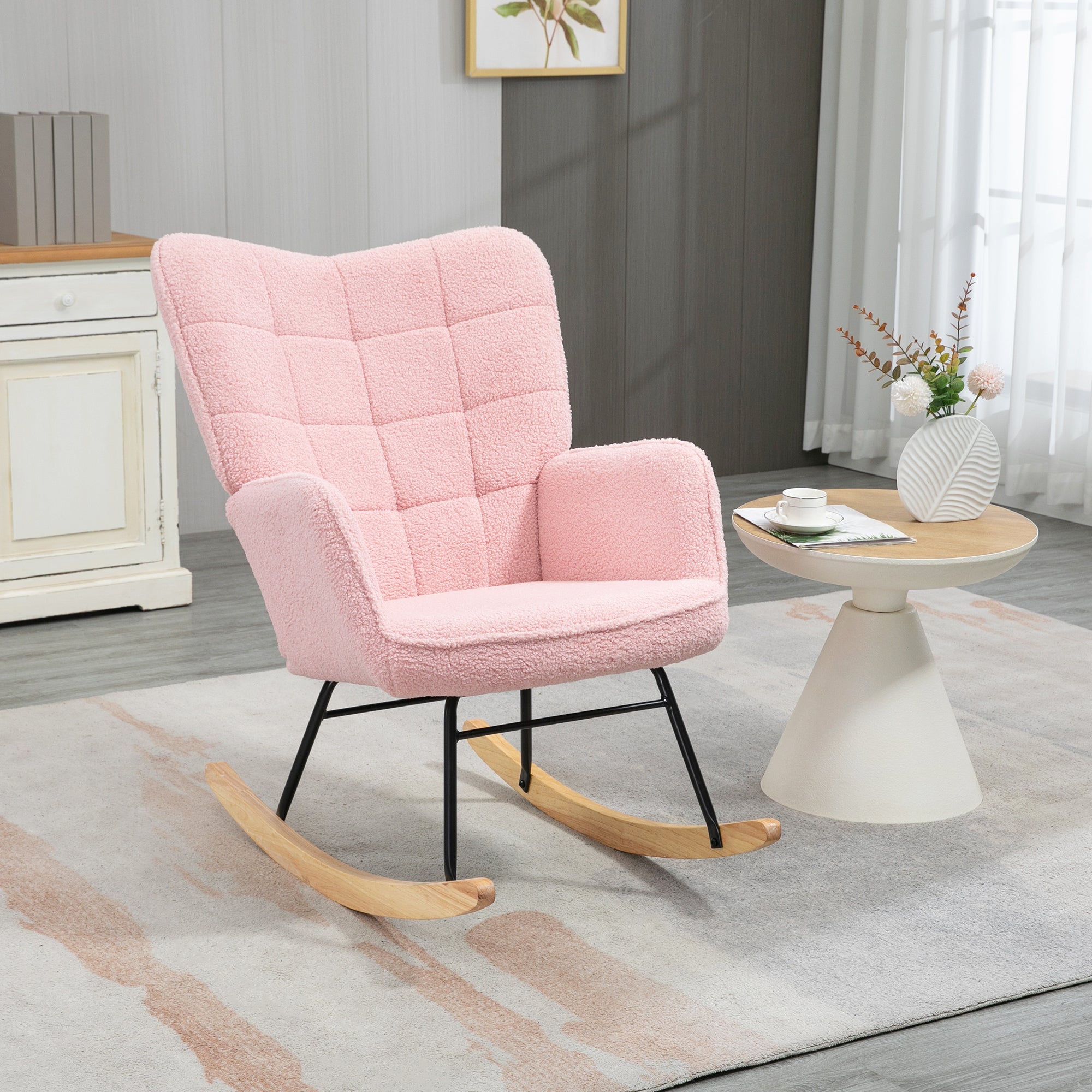 Poltrona Baloiço em Borrego Rosa – 71x92x101 cm – Poliéster, Madeira de Faia, Aço e Espuma