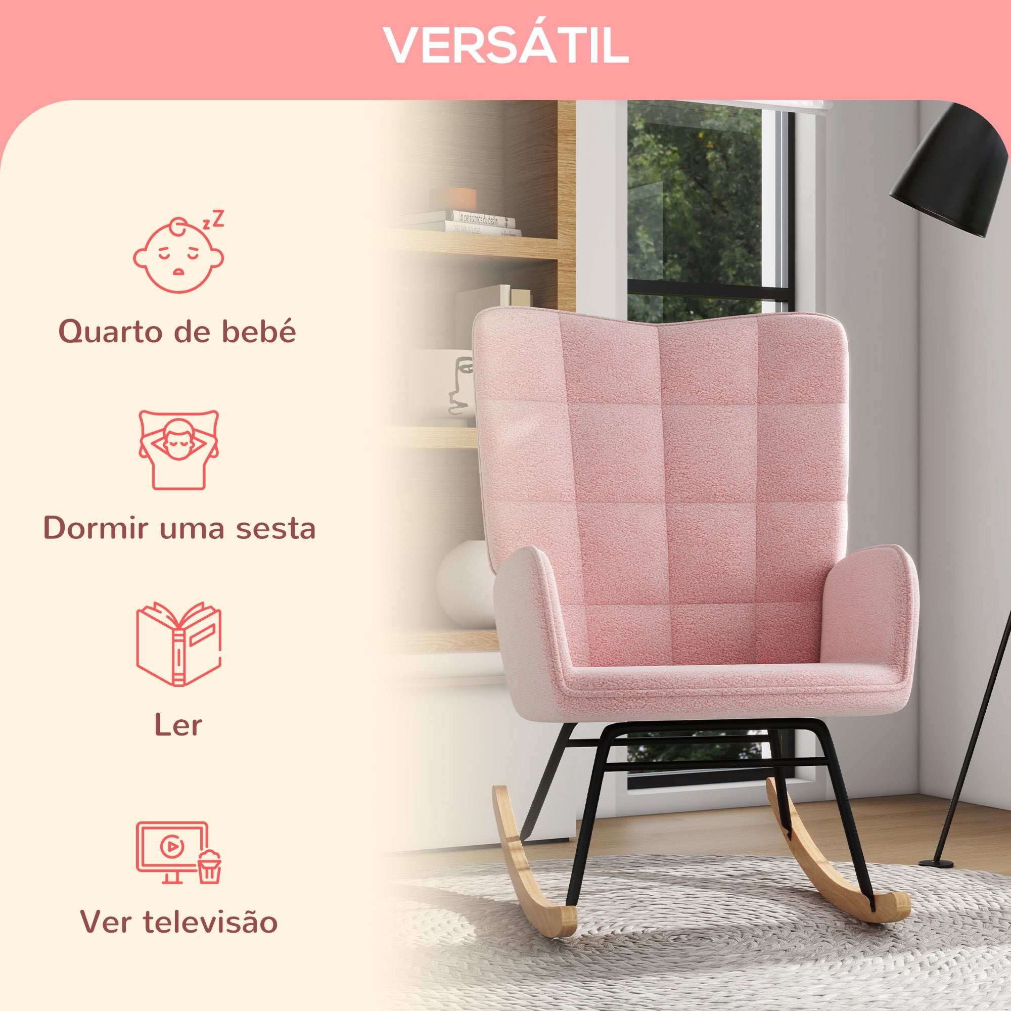 Poltrona Baloiço em Borrego Rosa – 71x92x101 cm – Poliéster, Madeira de Faia, Aço e Espuma
