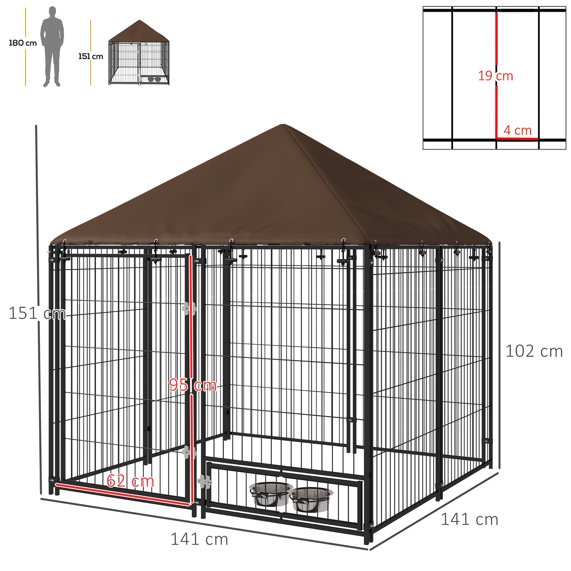 Canil/Parque para Cães com Toldo 141x141x151 cm - Preto