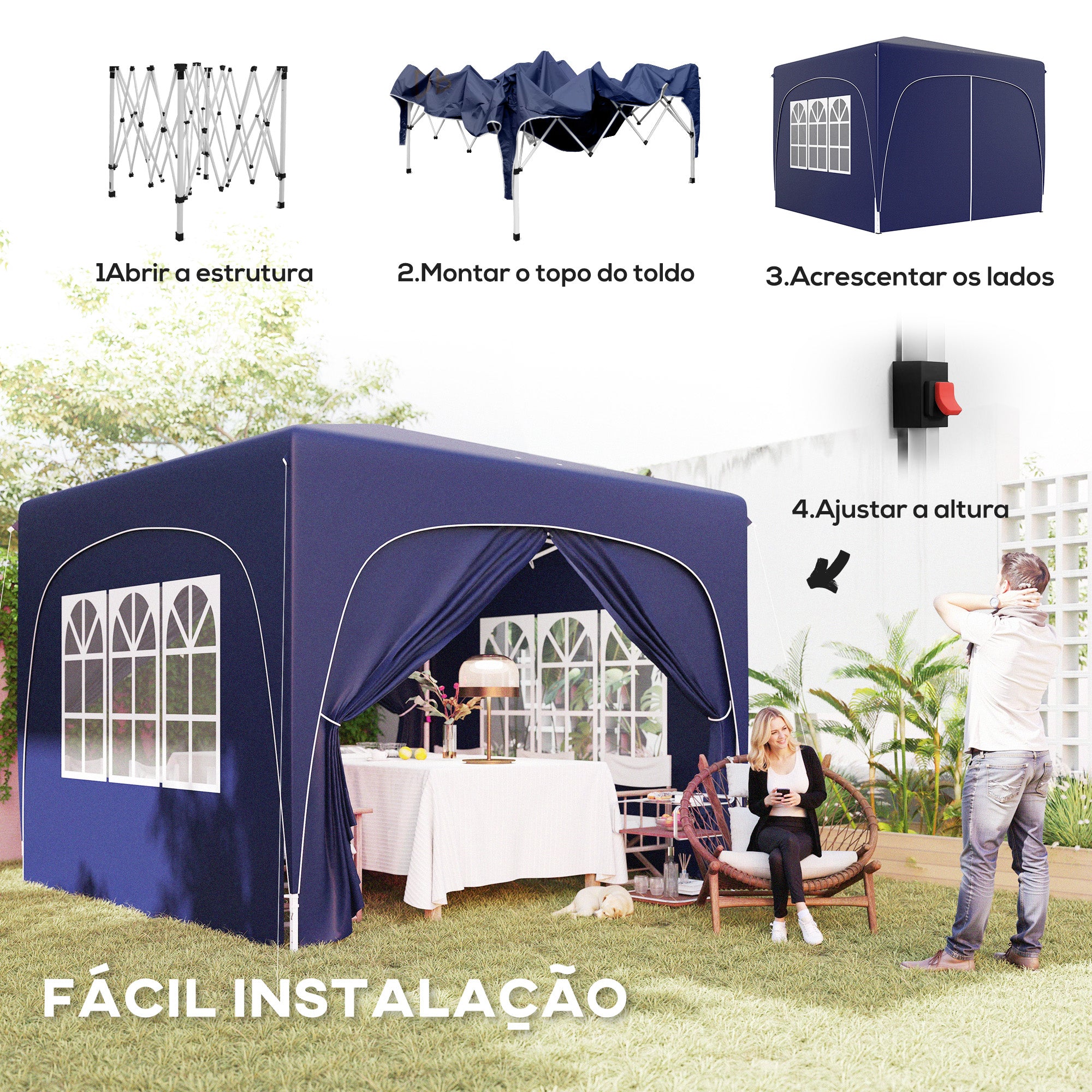 Tenda Dobrável 3x3m Azul - Outsunny - Altura Ajustável