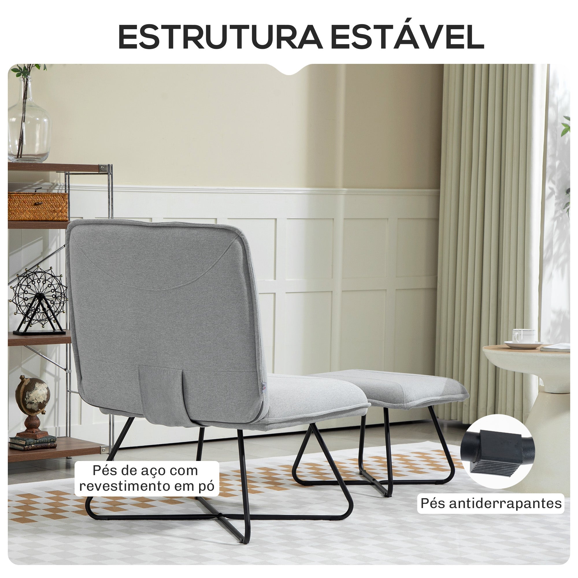 Poltrona de Sala de Estar – 68x81x89 cm – Cinza Claro – Tecido tipo linho com espuma e aço revestido a pó