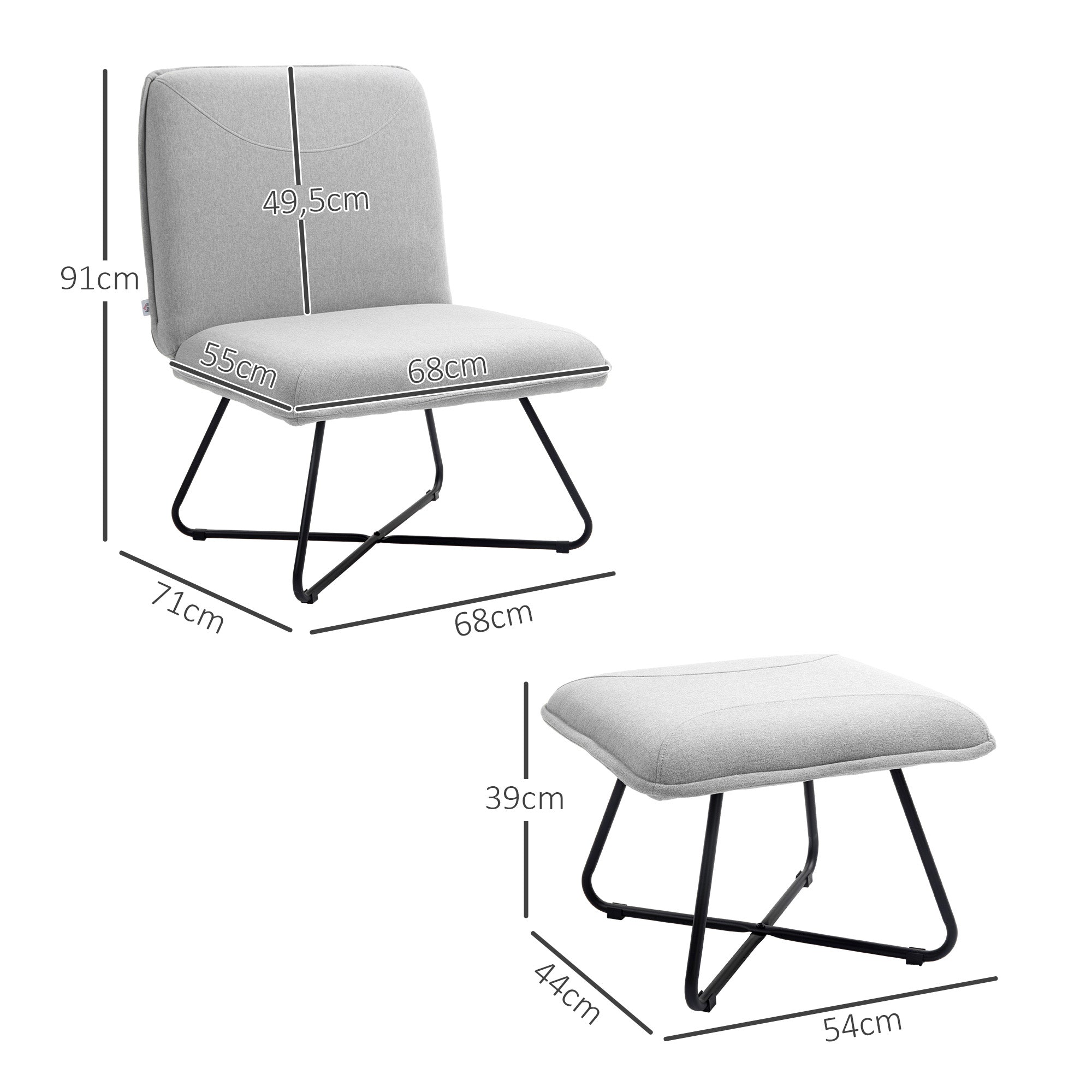 Poltrona de Sala de Estar – 68x81x89 cm – Cinza Claro – Tecido tipo linho com espuma e aço revestido a pó