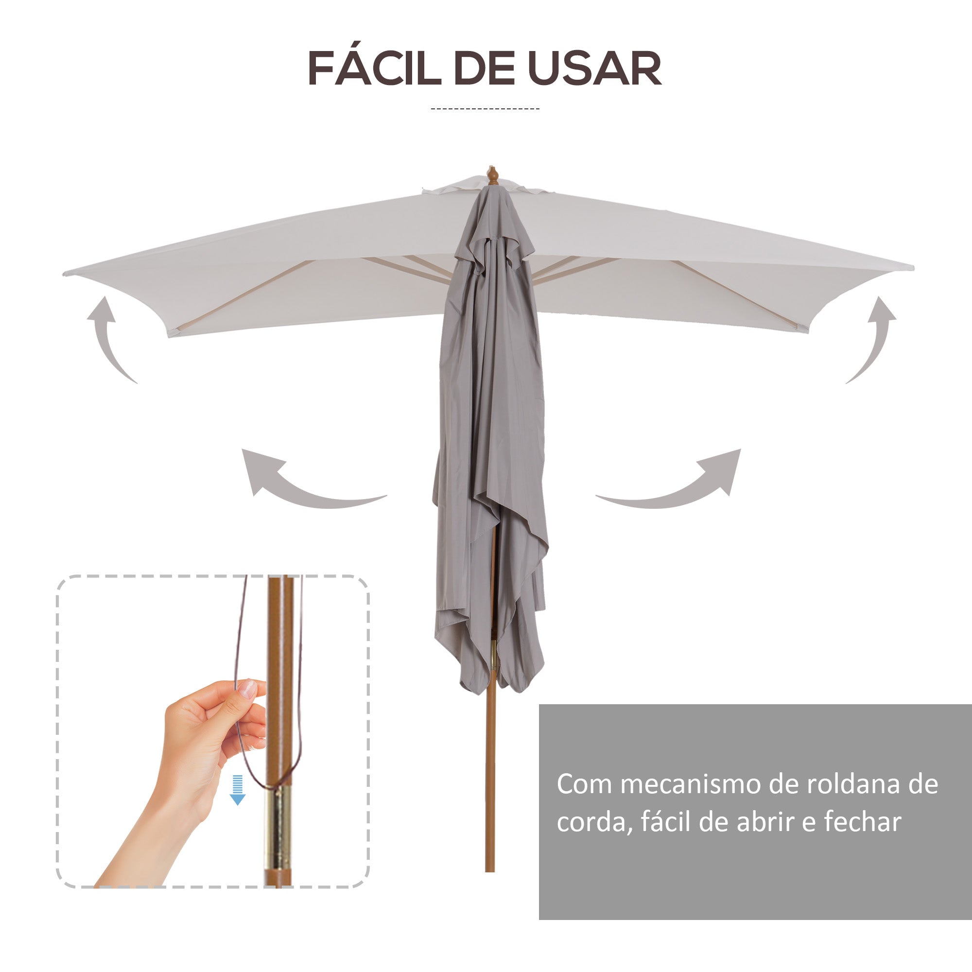 Chapéu de Sol Retangular Cinzento 295x200x255 cm com Sistema de Polia e Mastro de Madeira