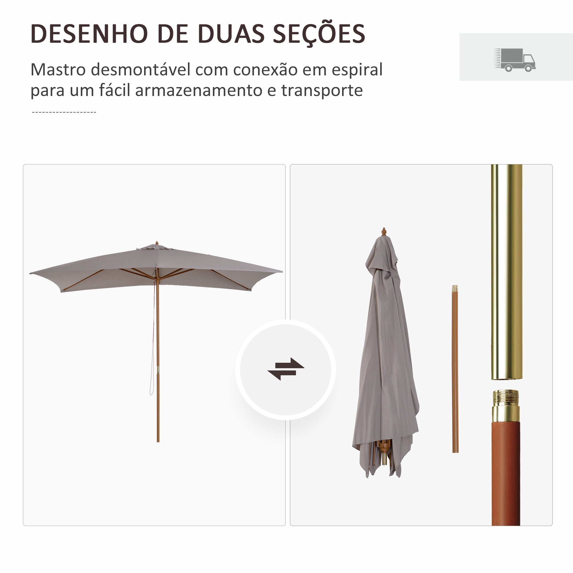 Chapéu de Sol Retangular Cinzento 295x200x255 cm com Sistema de Polia e Mastro de Madeira