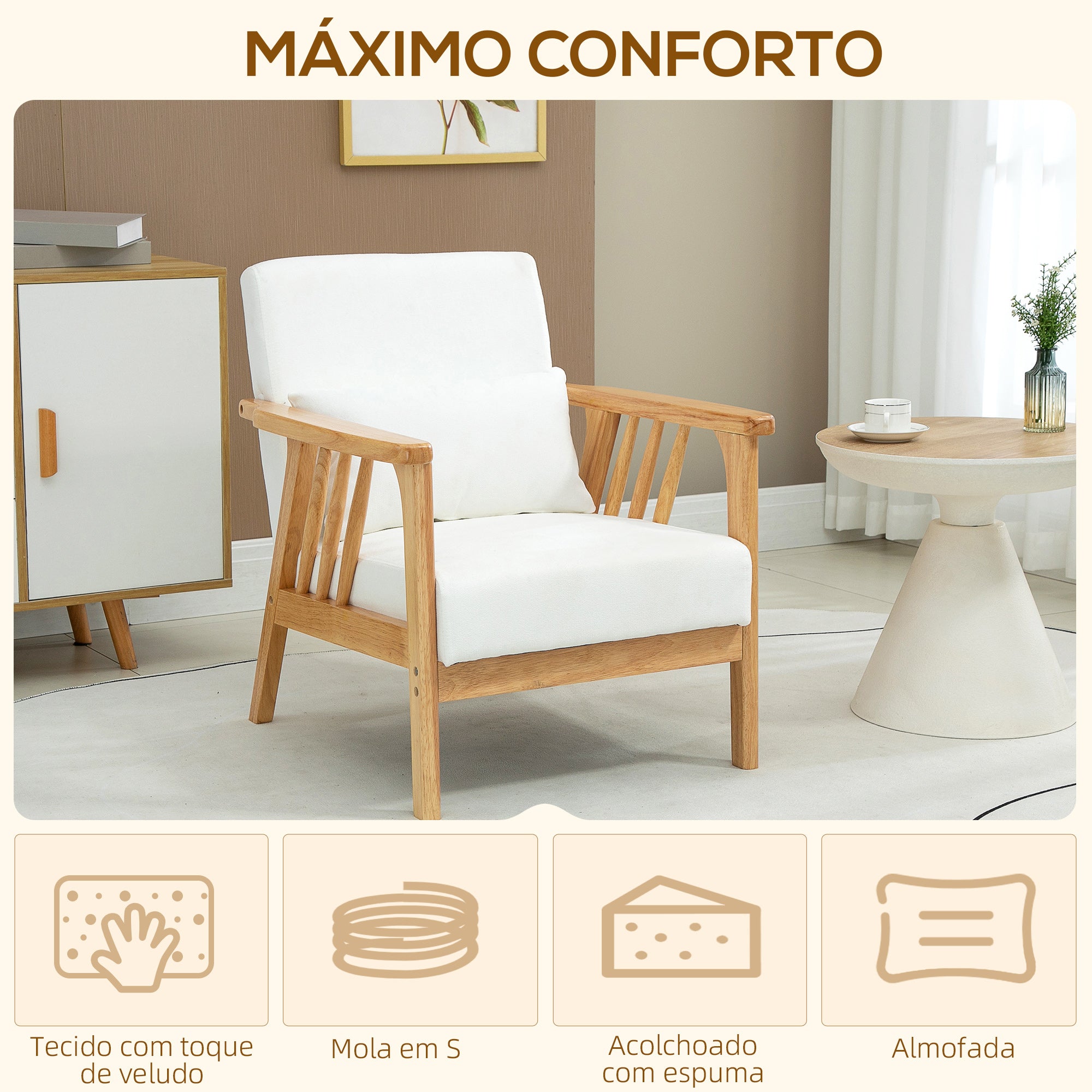 Poltrona de Sala de Estar – 68x75x78 cm – Creme Branco – Veludo