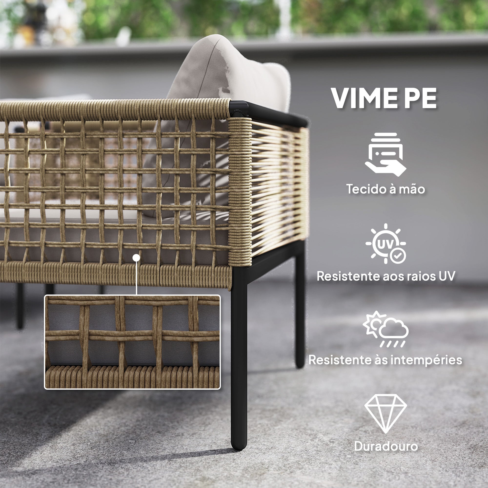 Conjunto de Jardim de Vime Sintético Cinzento 4 Peças - Medidas 126x66x70 cm