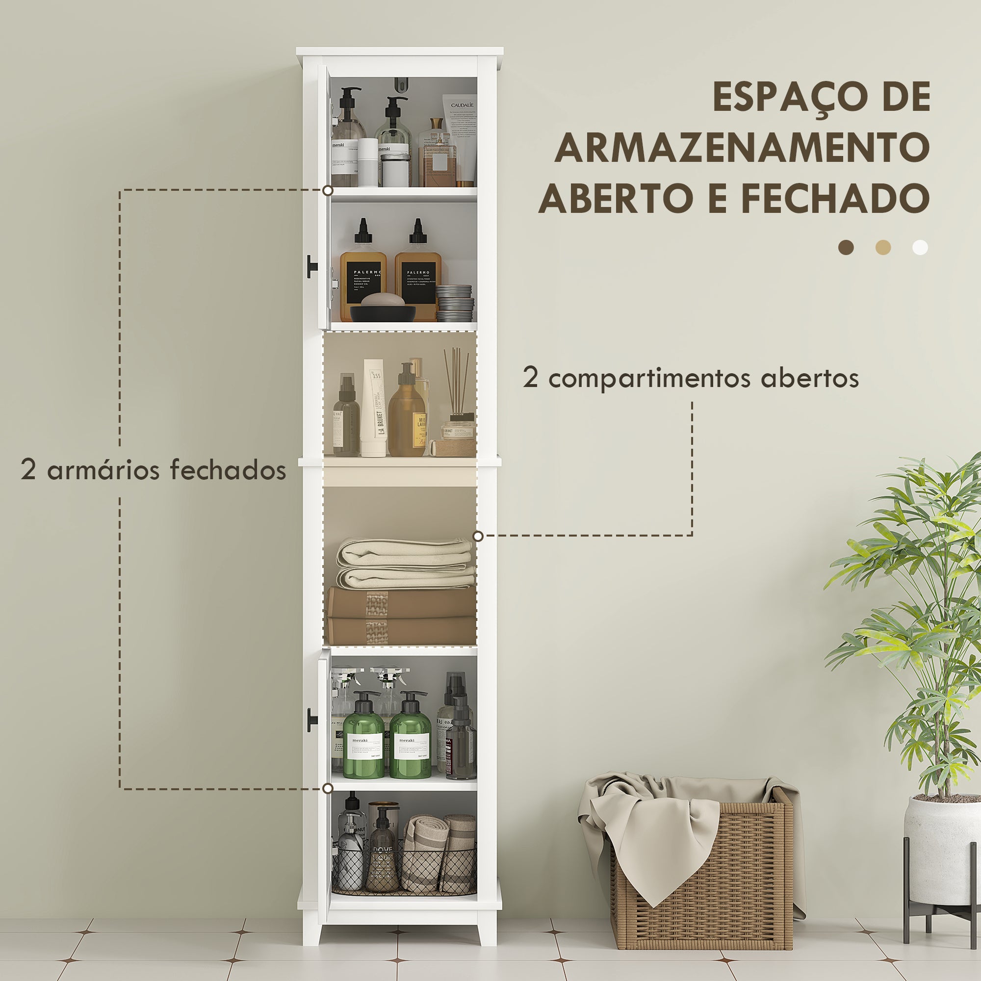 Armário Alto Casa de Banho Prateleira Ajustável Vime Branco 40x30x167,5 cm