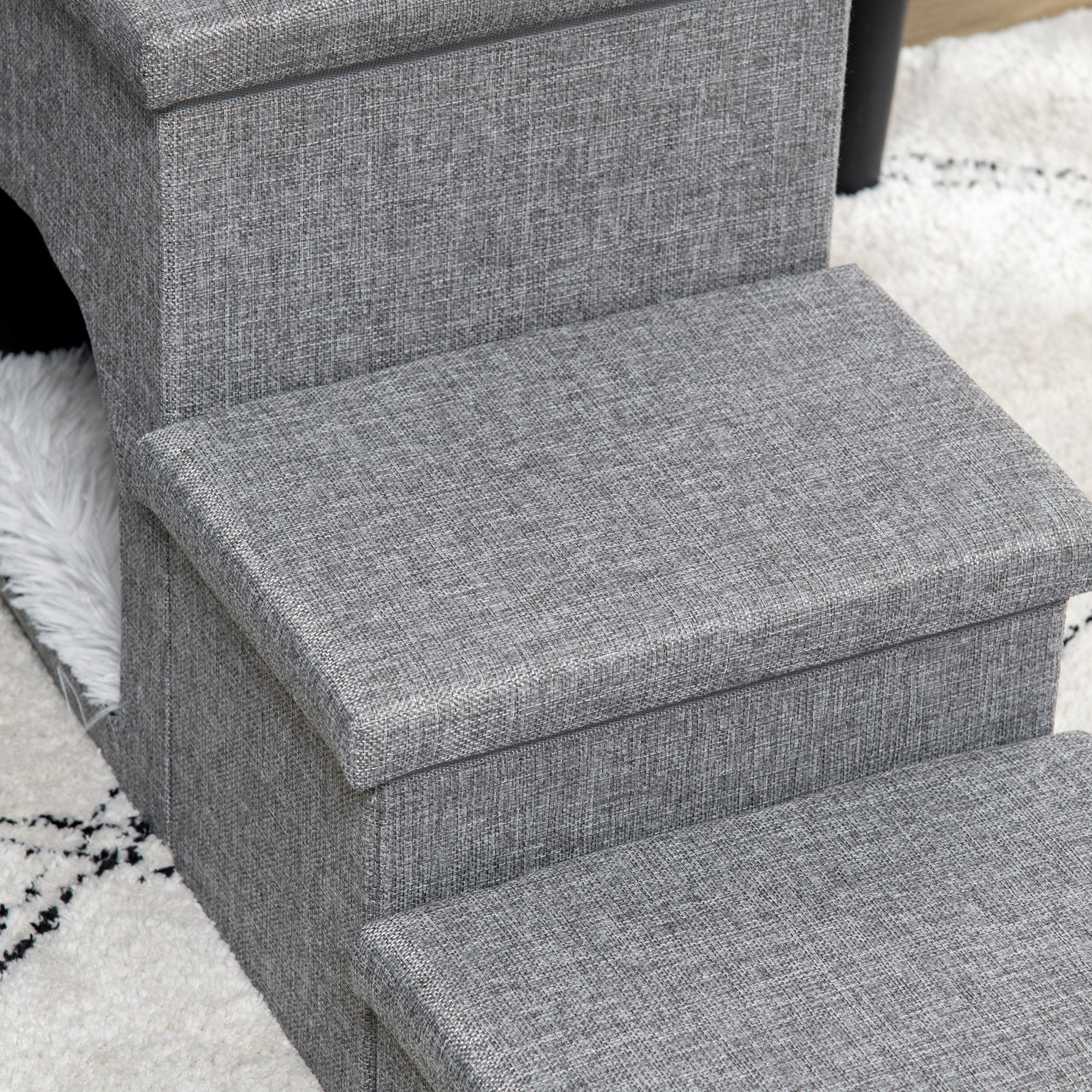 Escada para Animais de Estimação – 73,5x33x40,5cm – Cinza Claro – Tecido de linho, pelúcia, algodão PP e MDF