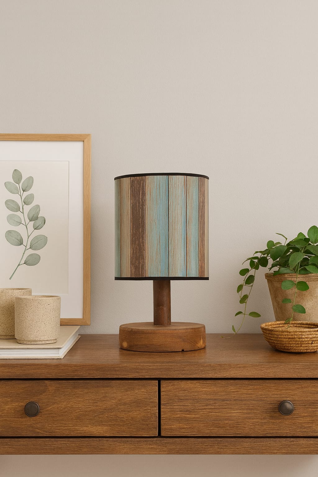Candeeiro de Mesa com Corpo de Madeira – 34 cm – Multicolorido