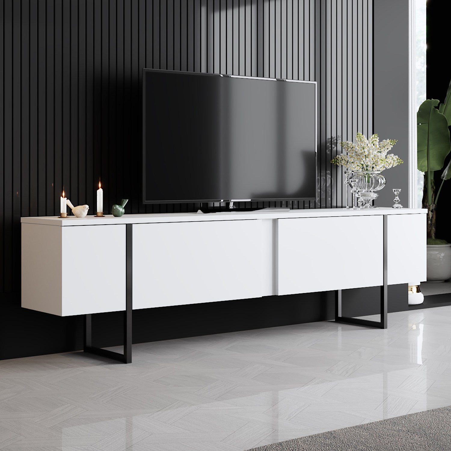 Móvel de TV – 180 cm x 30 cm x 50 cm – Branco e preto – Melamina
