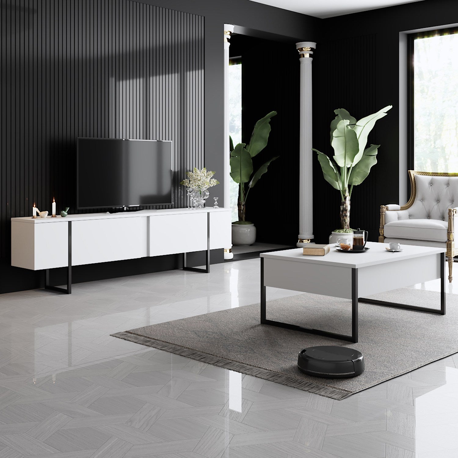 Móvel de TV – 180 cm x 30 cm x 50 cm – Branco e preto – Melamina
