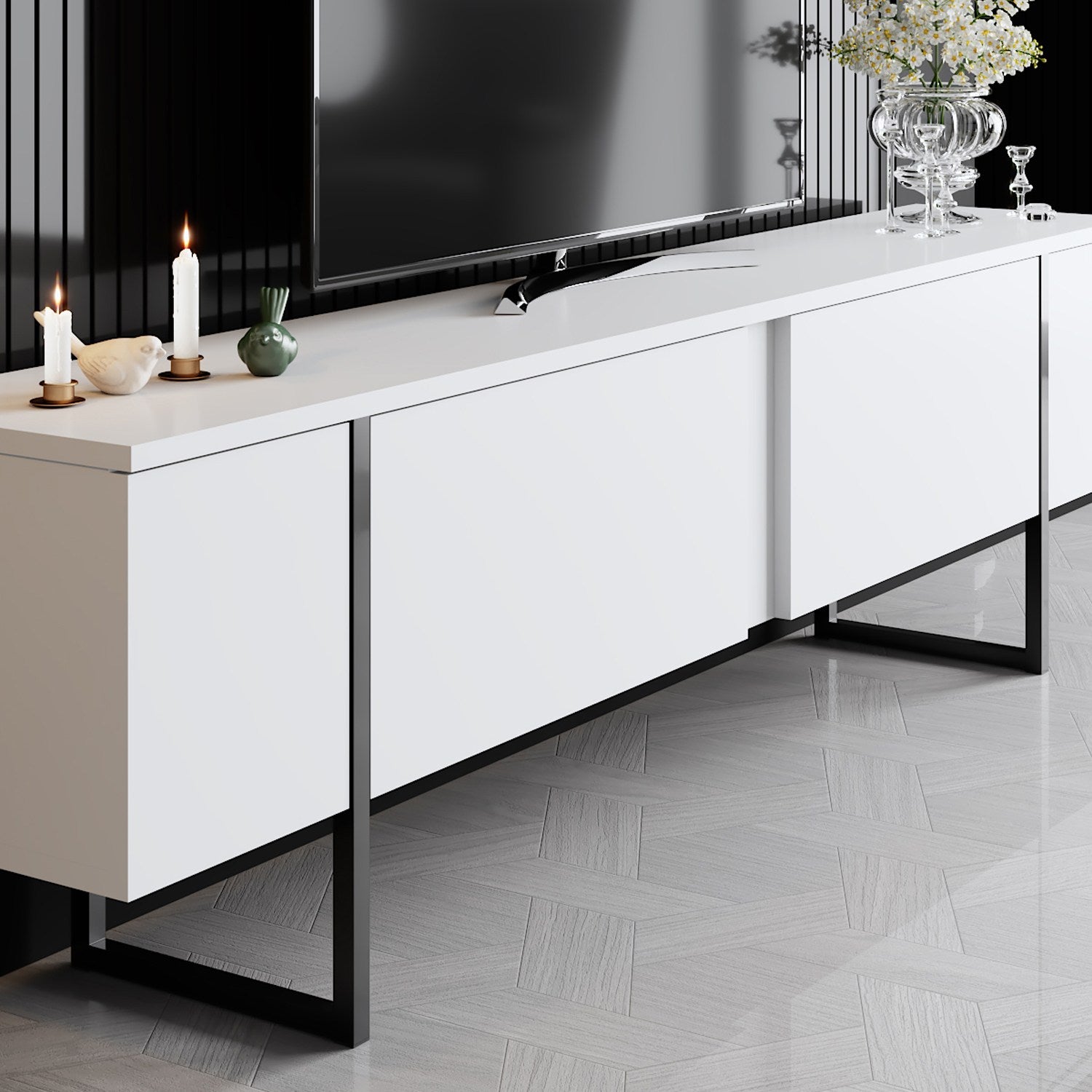 Móvel de TV – 180 cm x 30 cm x 50 cm – Branco e preto – Melamina