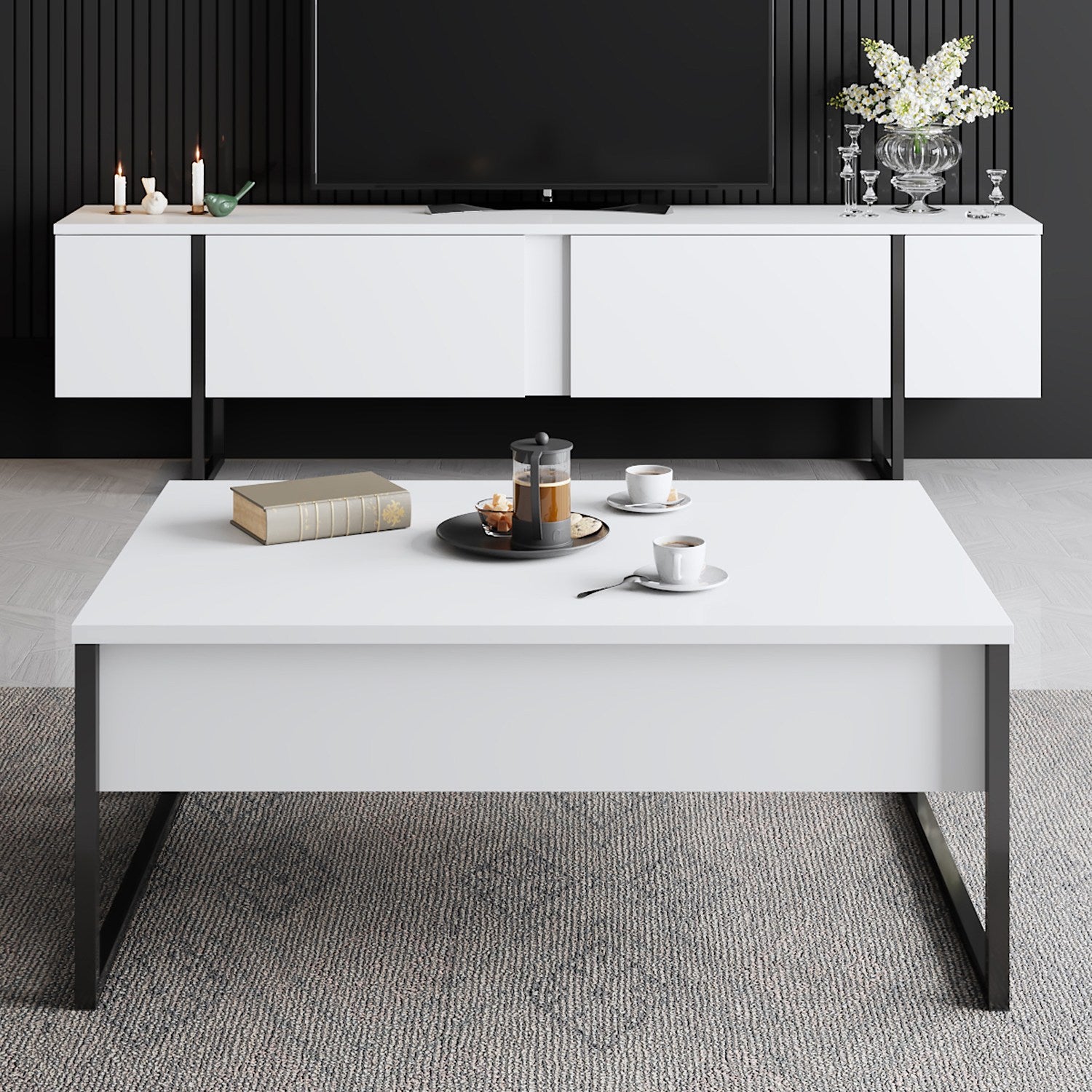 Móvel de TV – 180 cm x 30 cm x 50 cm – Branco e preto – Melamina