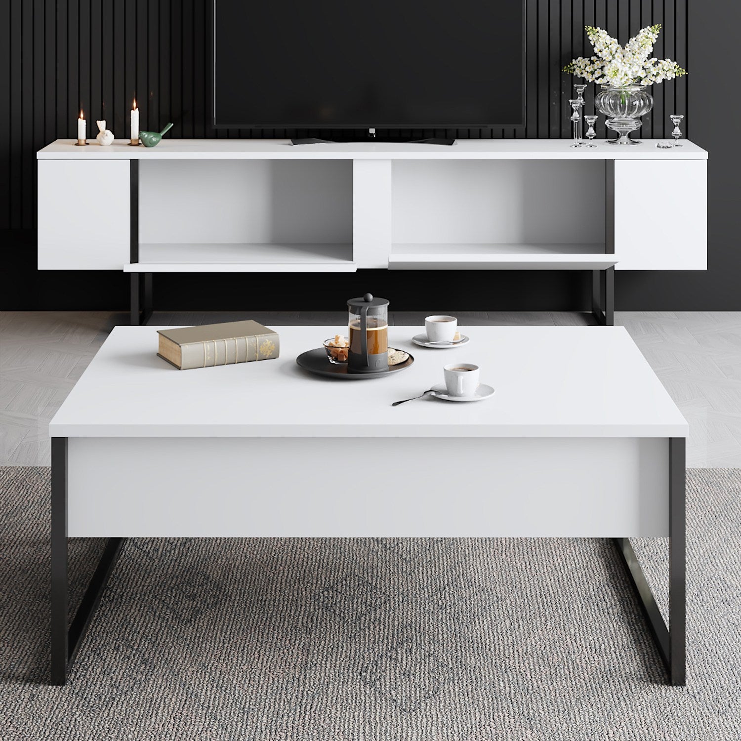 Móvel de TV – 180 cm x 30 cm x 50 cm – Branco e preto – Melamina