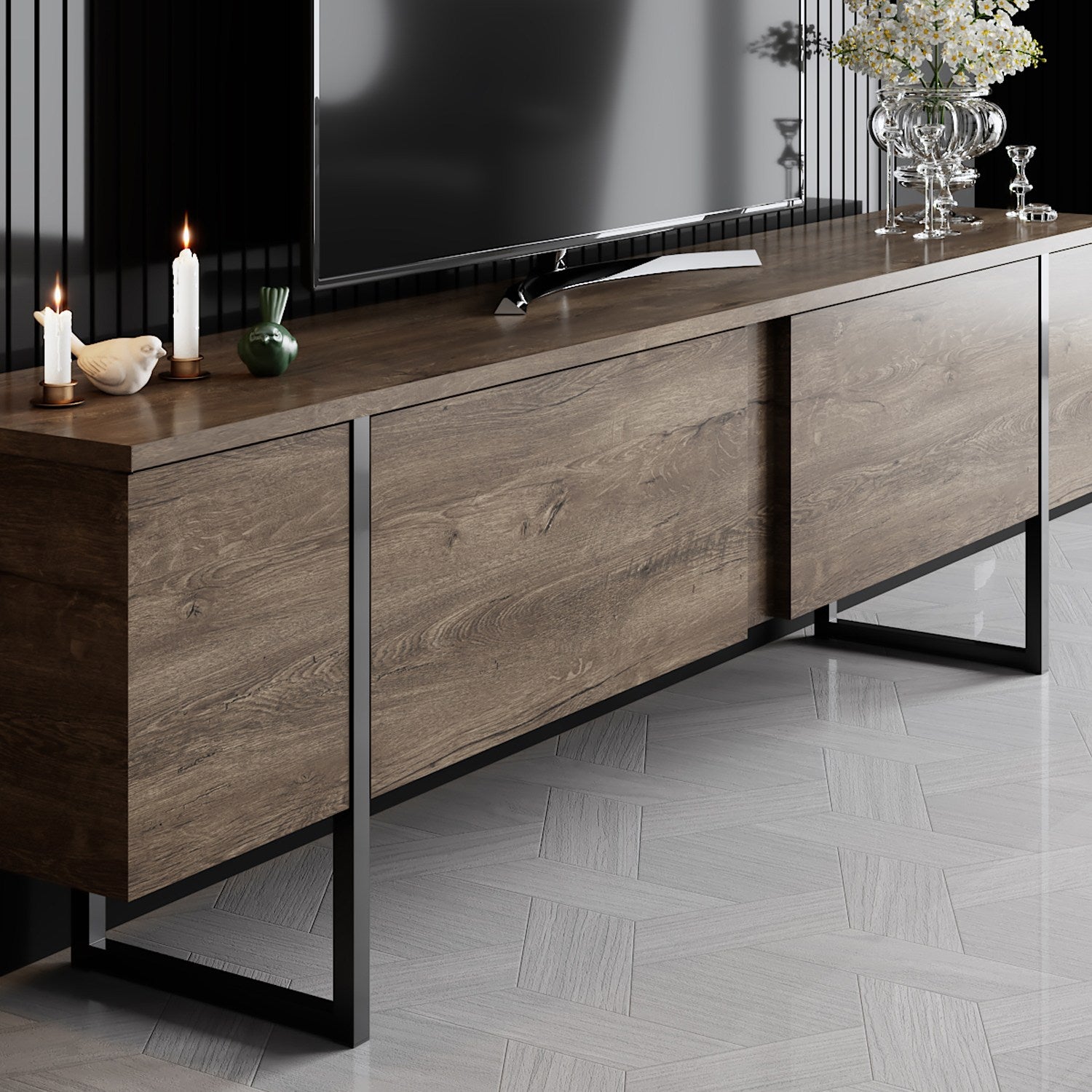 Móvel de TV – 180 x 30 x 50 cm – Nogueira e Preto – Painel de partículas revestido a melamina