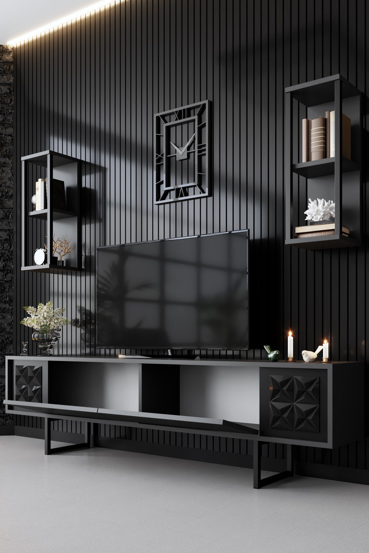 Móvel de TV – 180 x 30 x 48 cm – antracite e preto – painel de partículas revestido a melamina