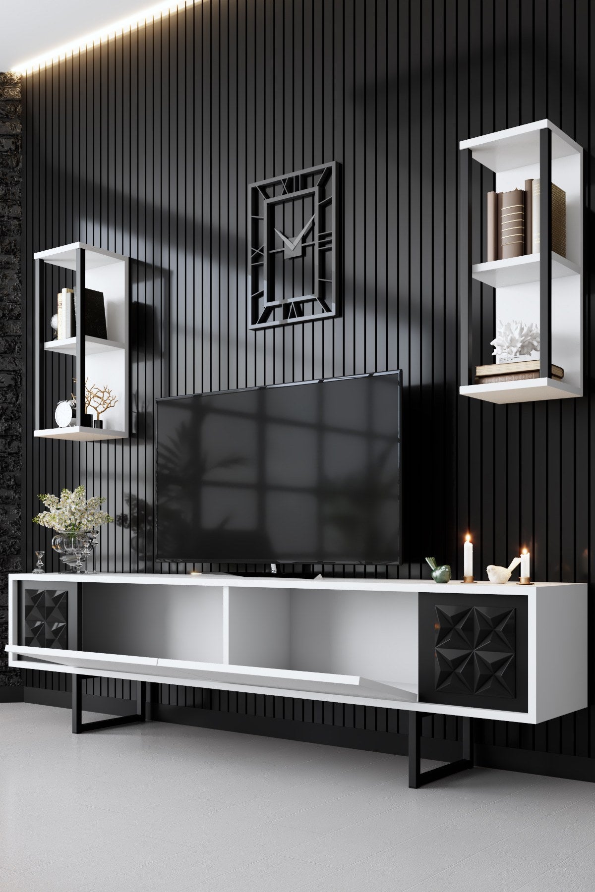 Móvel de TV – 180 x 30 x 48 cm – Branco e Preto – Melamina