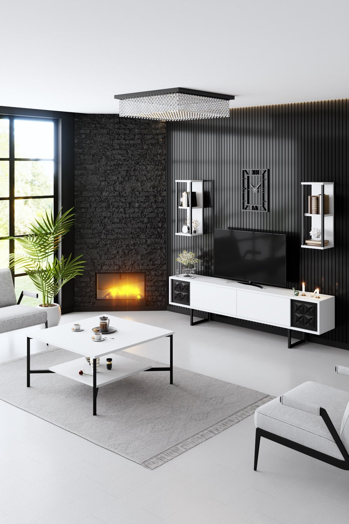 Móvel de TV – 180 x 30 x 48 cm – Branco e Preto – Melamina