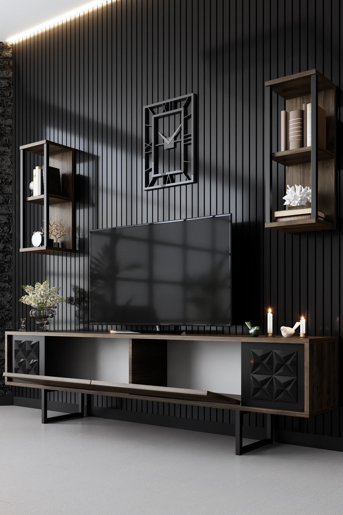 Móvel de TV – 180 x 30 x 48 cm – nogueira e preto – painel de partículas revestido a melamina