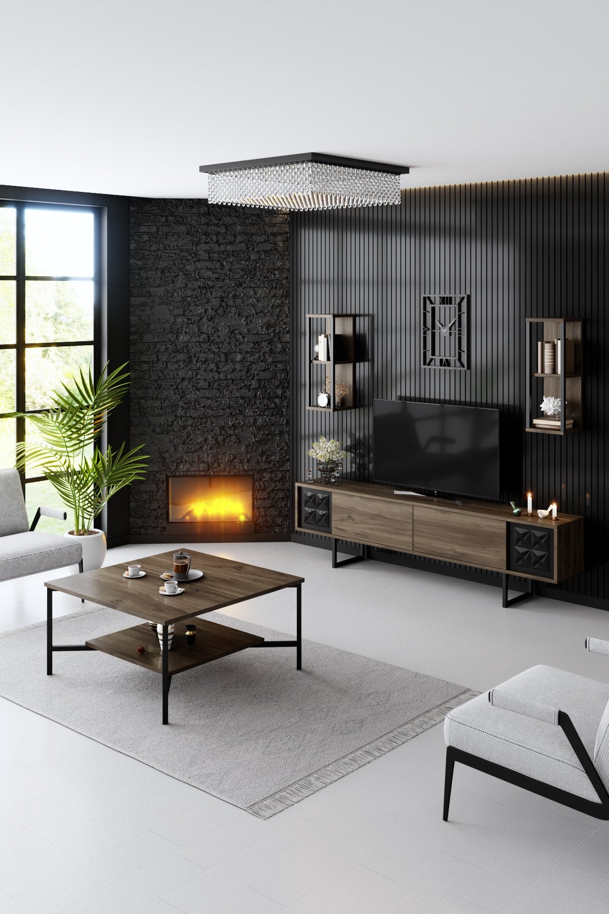 Móvel de TV – 180 x 30 x 48 cm – nogueira e preto – painel de partículas revestido a melamina