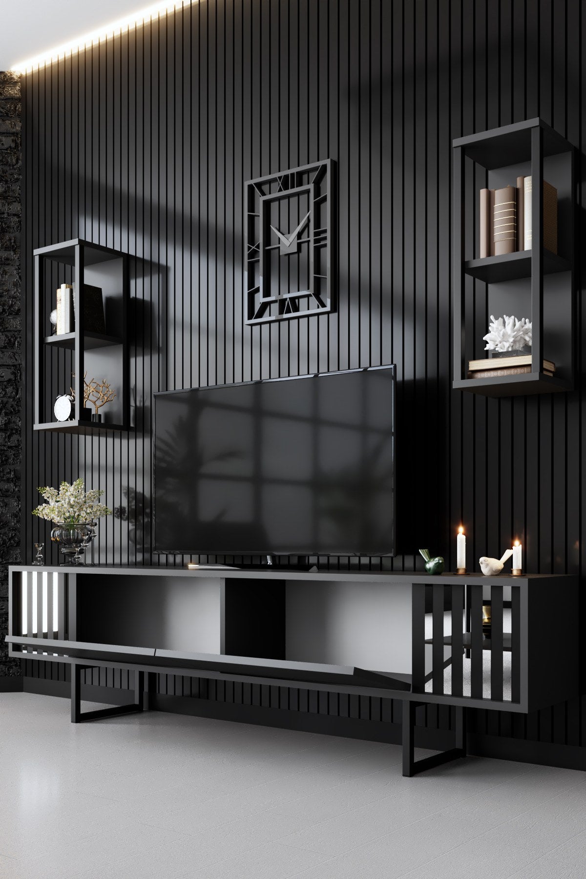 Móvel de TV – 180 x 30 x 48 cm – antracite e preto – painel de partículas revestido a melamina