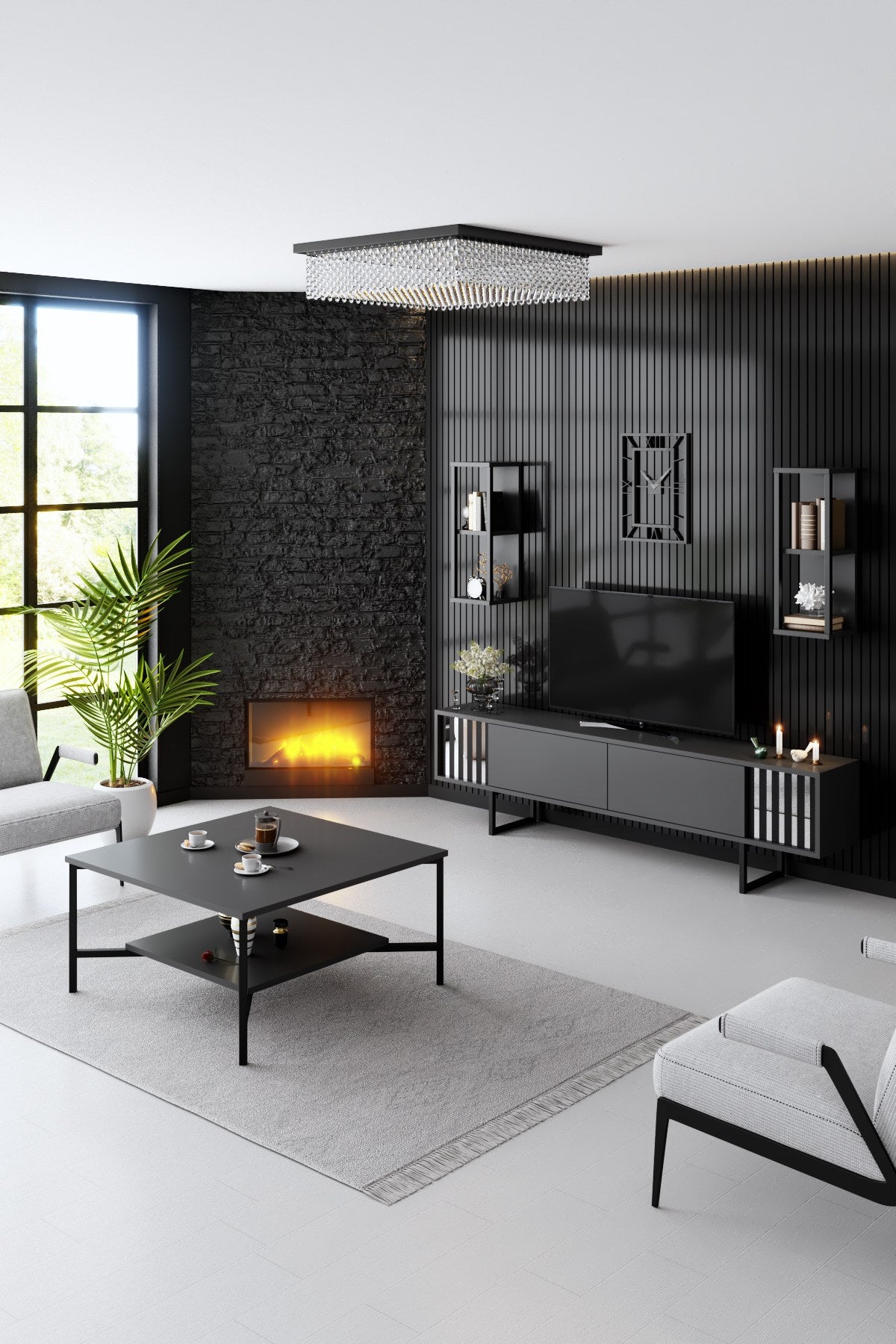 Móvel de TV – 180 x 30 x 48 cm – antracite e preto – painel de partículas revestido a melamina
