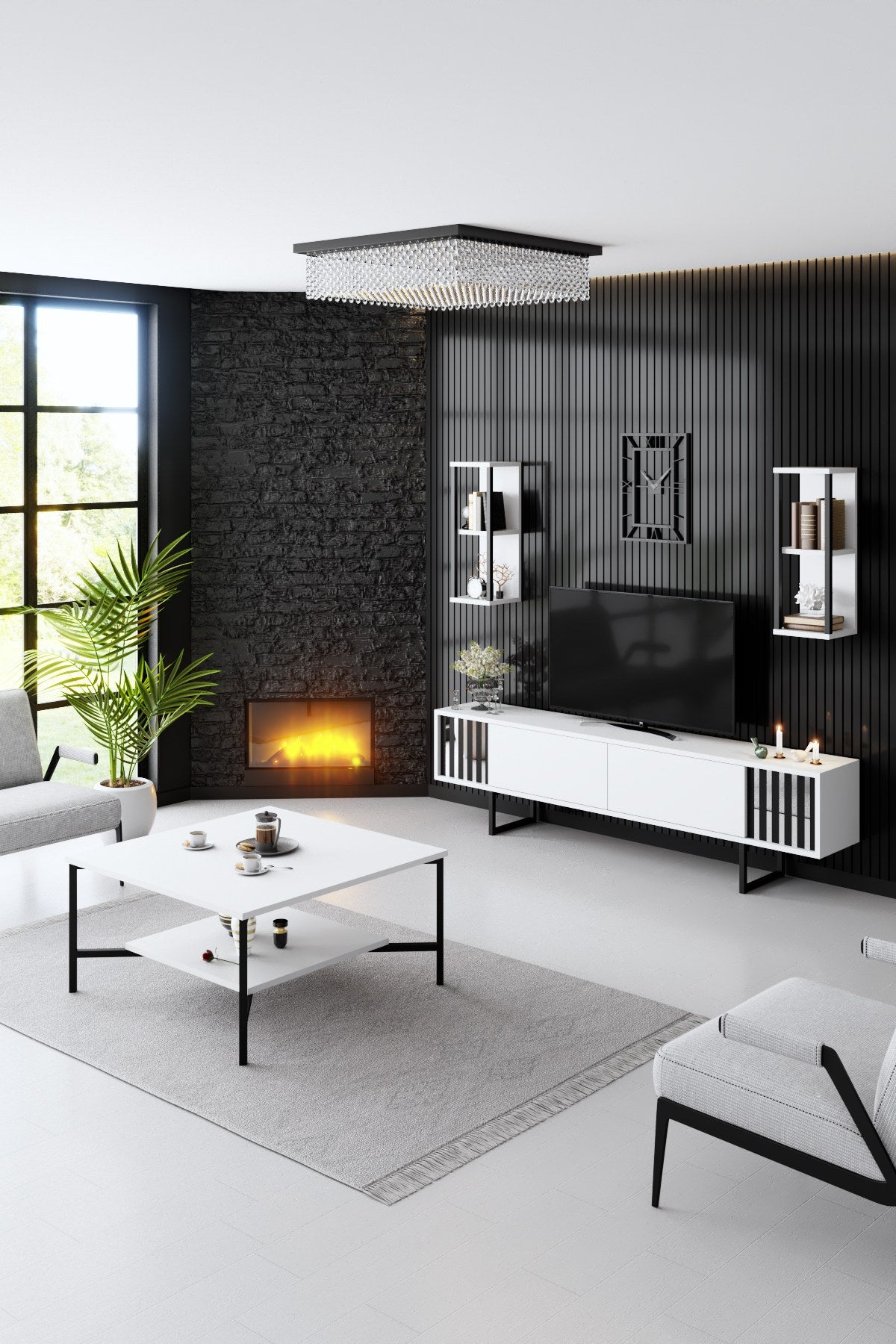 Móvel de TV – 180 x 30 x 48 cm – Branco e Preto – Melamina