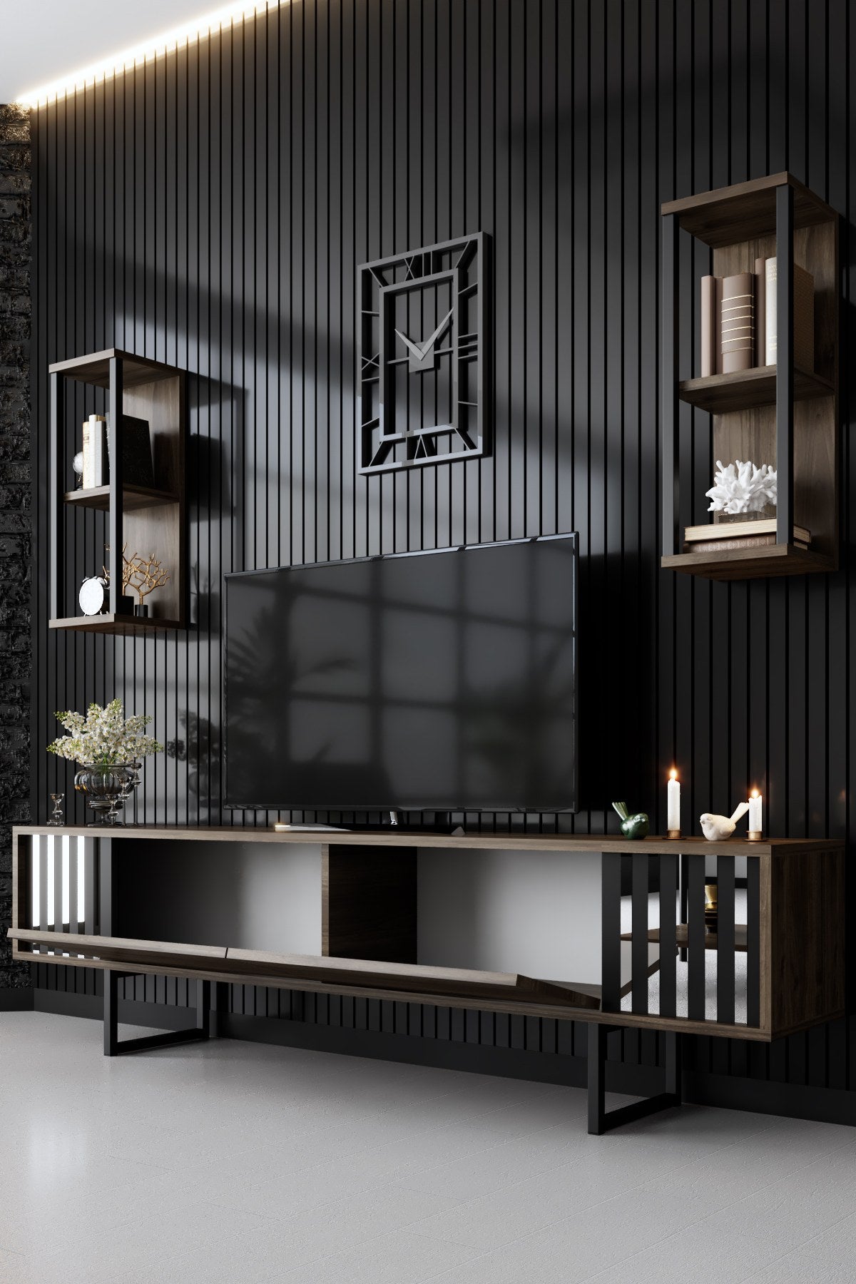 Móvel de TV – 180 x 30 x 48 cm – nogueira e preto – painel de partículas revestido a melamina