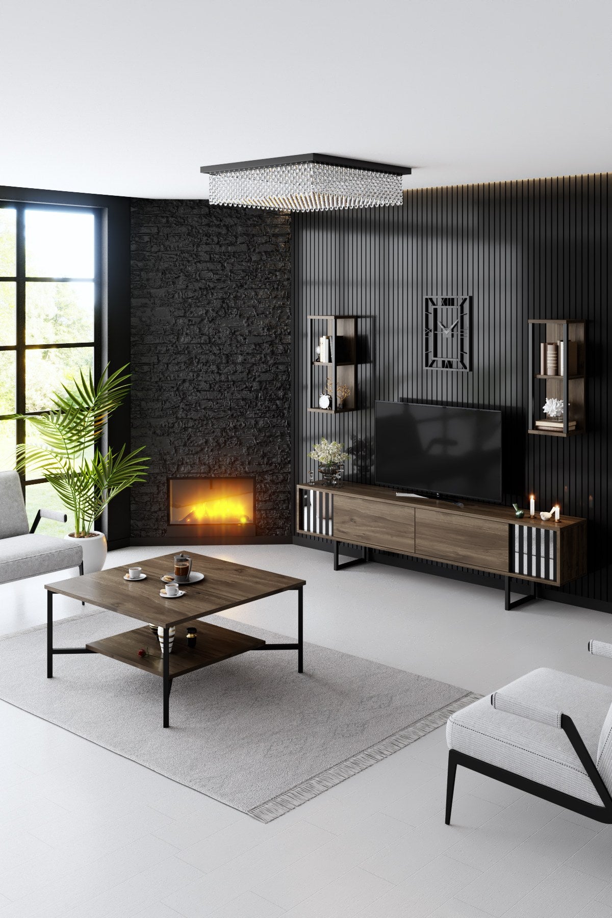 Móvel de TV – 180 x 30 x 48 cm – nogueira e preto – painel de partículas revestido a melamina