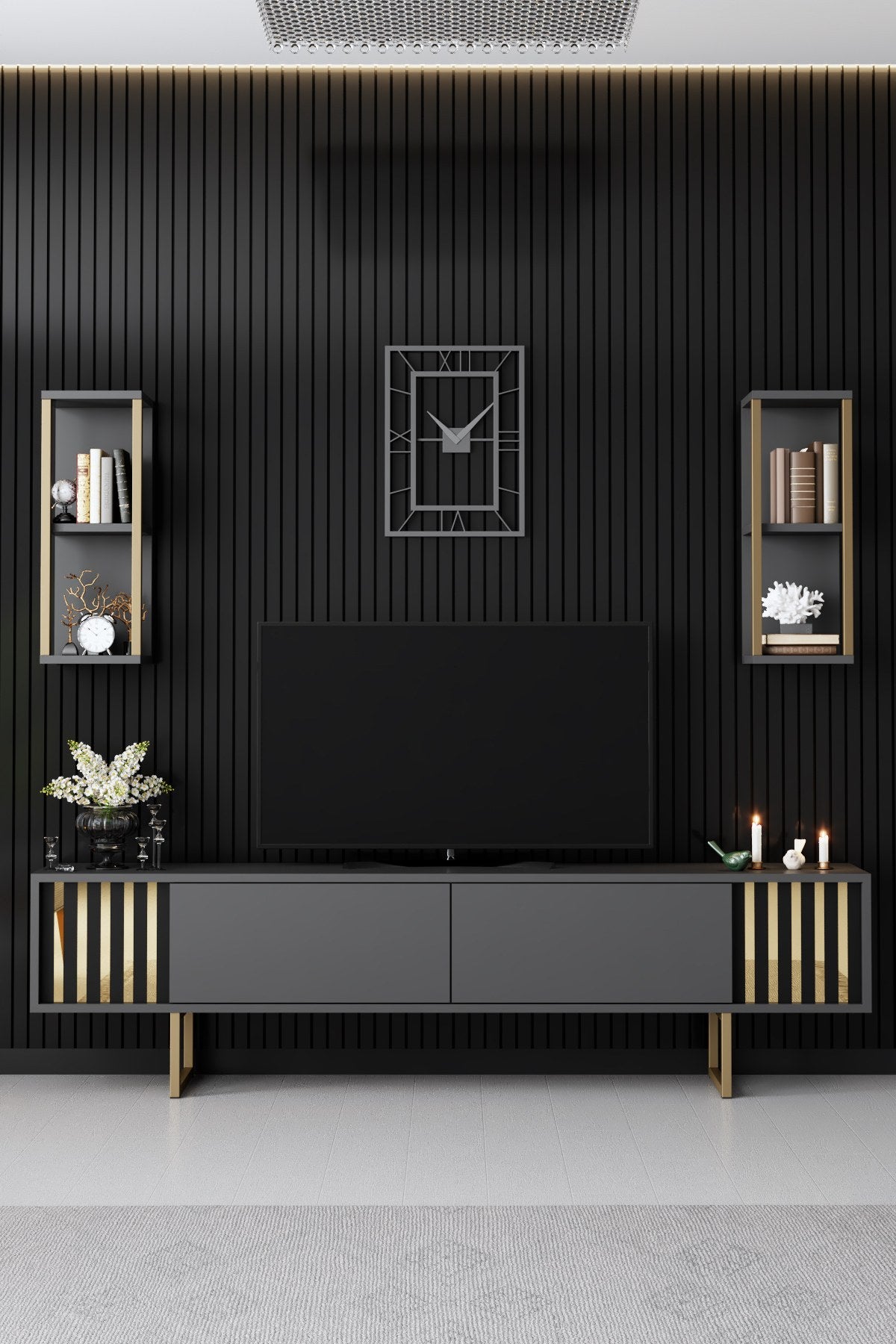 Móvel de TV elegante – 180 x 30 x 48 cm – Antracite e Preto – Painel de partículas revestido em melamina