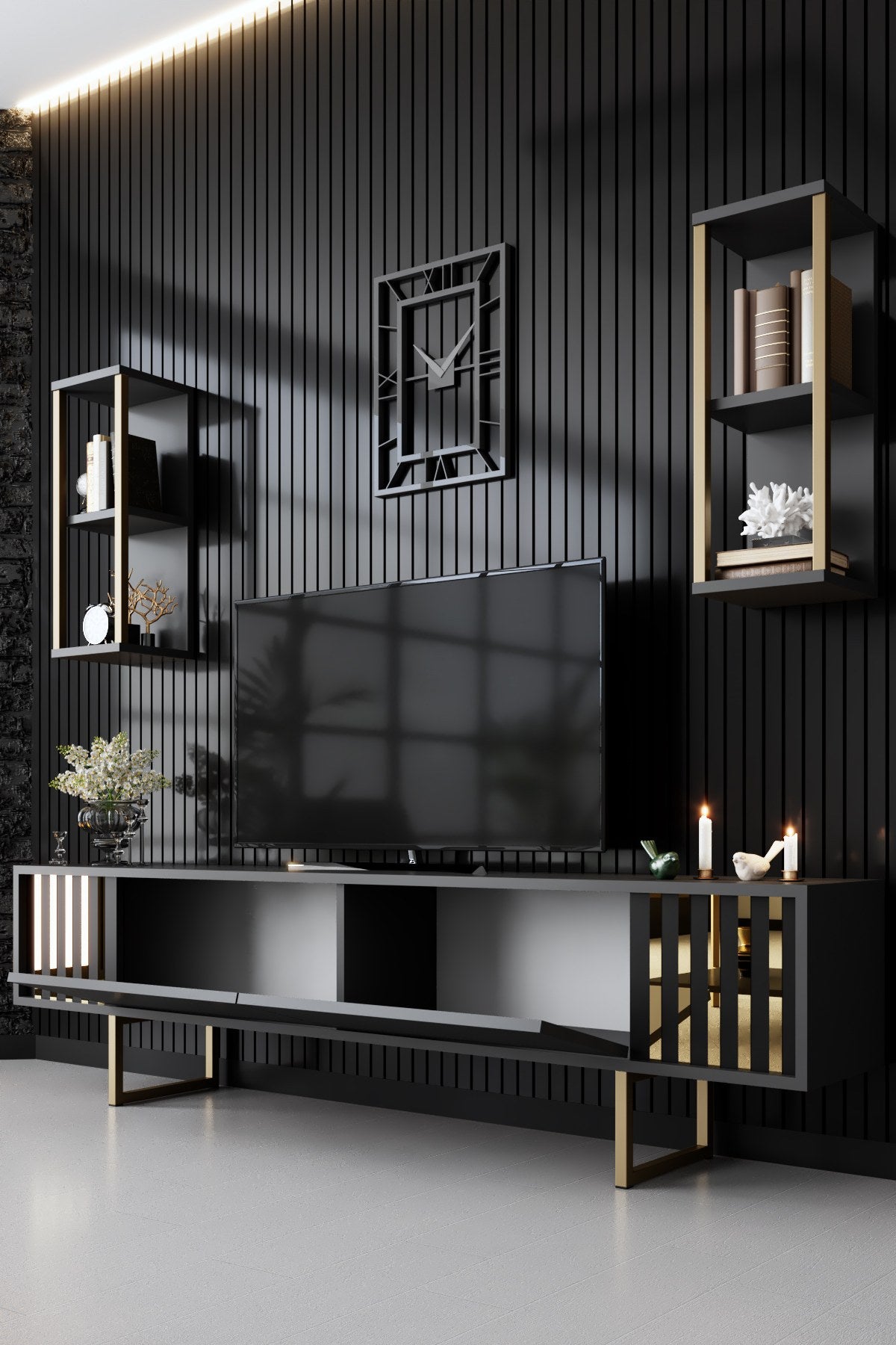 Móvel de TV elegante – 180 x 30 x 48 cm – Antracite e Preto – Painel de partículas revestido em melamina