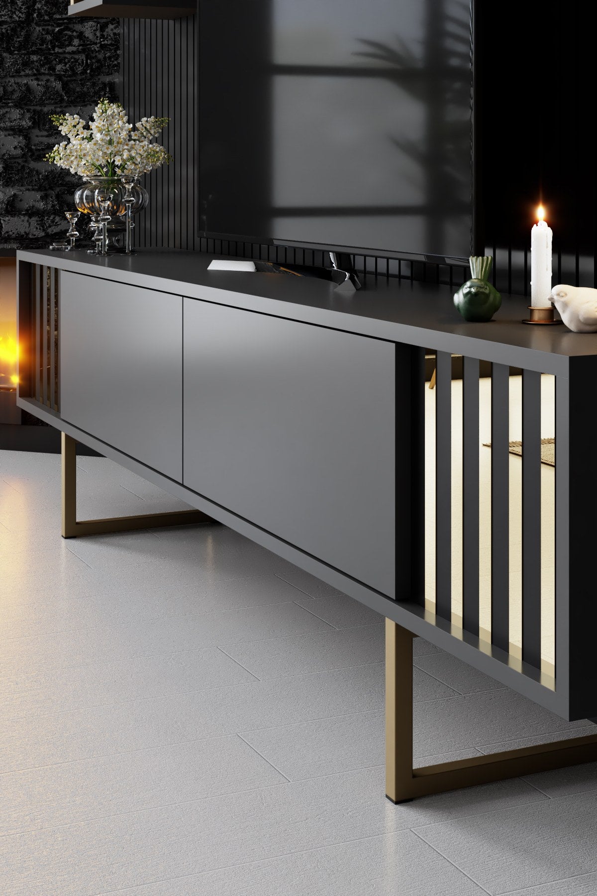 Móvel de TV elegante – 180 x 30 x 48 cm – Antracite e Preto – Painel de partículas revestido em melamina