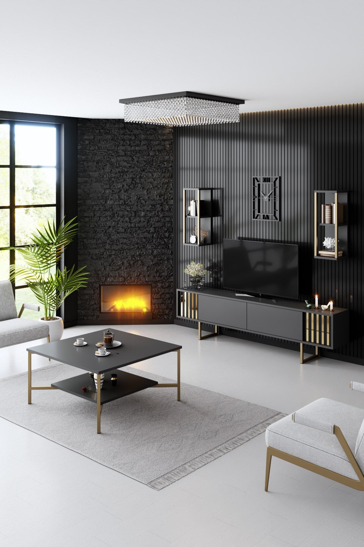 Móvel de TV elegante – 180 x 30 x 48 cm – Antracite e Preto – Painel de partículas revestido em melamina