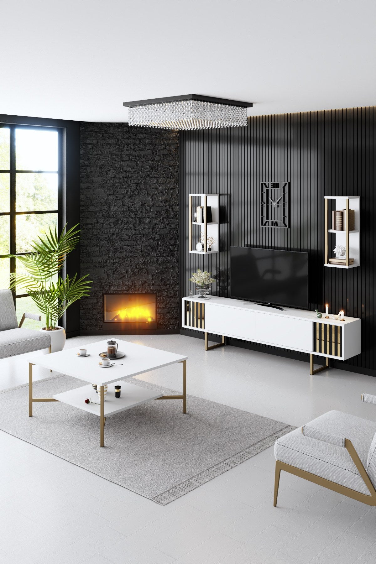 Móvel de TV moderno – 180 x 30 x 48 cm – Branco e Preto – Melamina