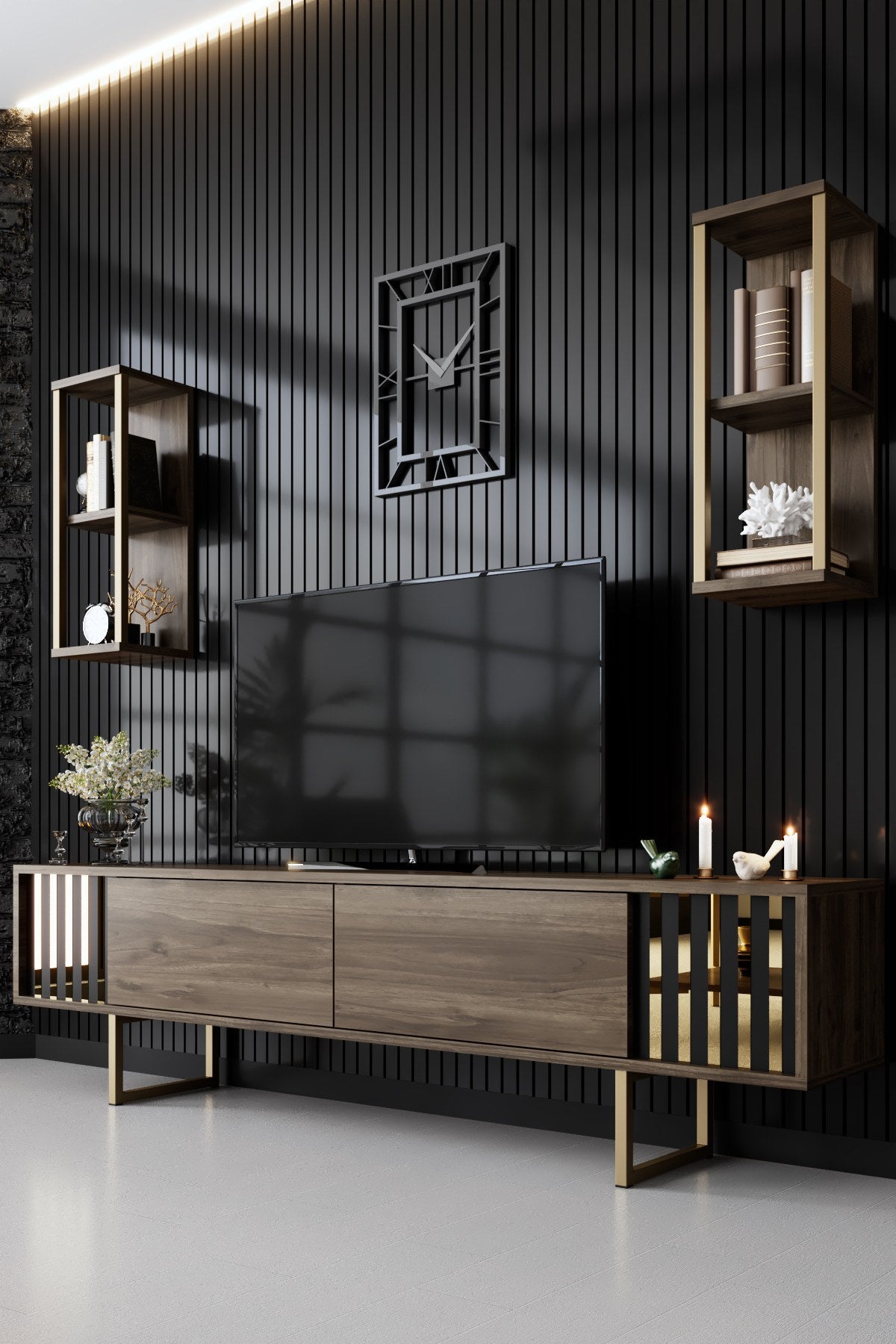 Móvel de TV – 180 x 30 x 48 cm – nogueira e preto – melamina