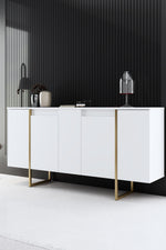 Aparador – 160 x 35 x 80 cm – Branco e dourado – Painel de partículas revestido de melamina