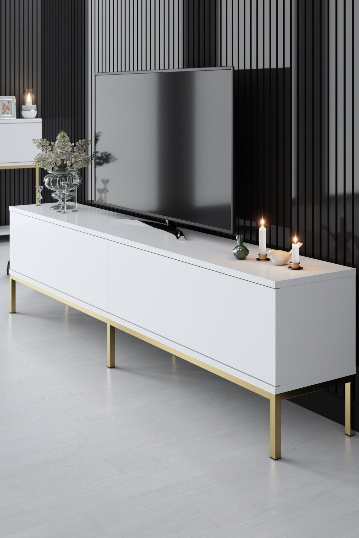 Móvel de TV – 180 x 47 x 30 cm – Branco e dourado – Painel de partículas revestido de melamina