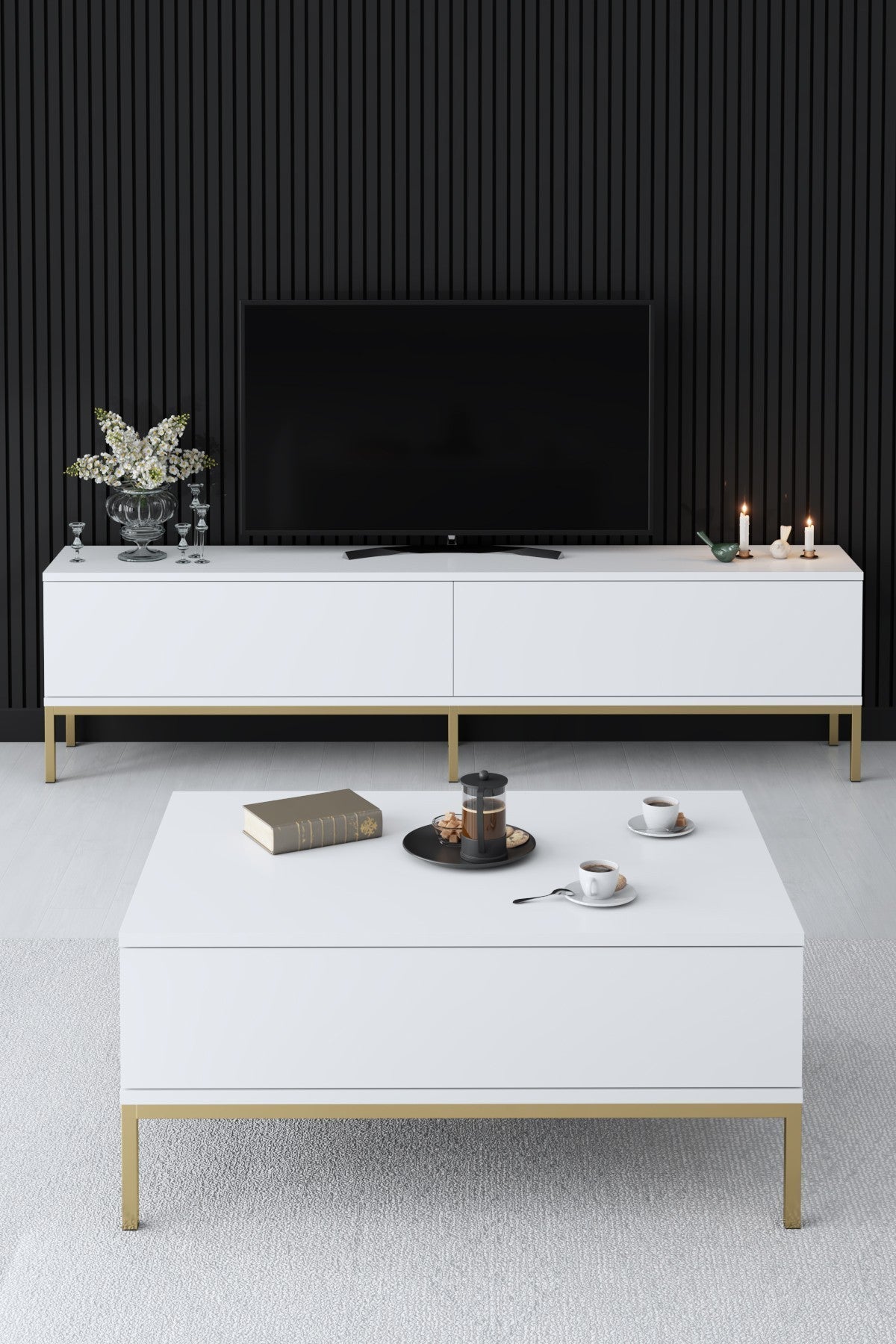 Móvel de TV – 180 x 47 x 30 cm – Branco e dourado – Painel de partículas revestido de melamina