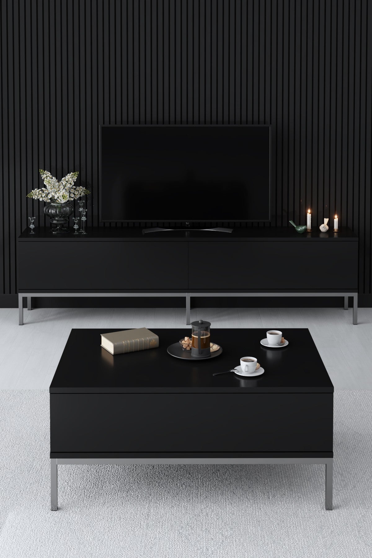 Móvel de TV – 180 x 47 x 30 cm – preto e prateado – painel de partículas revestido de melamina