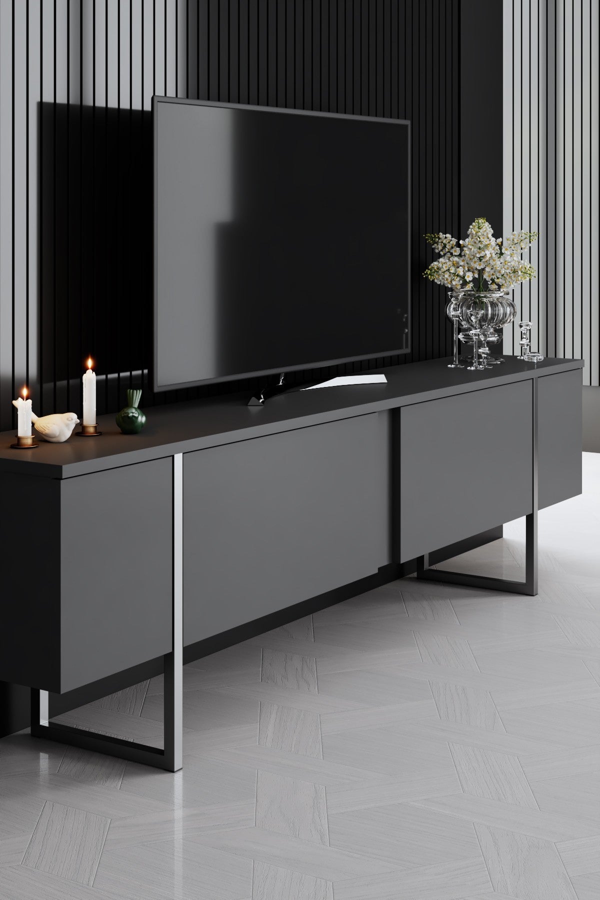 Móvel de TV elegante – 180 x 30 x 50 cm – Antracite e Prata – Painéis de partículas revestidos a melamina